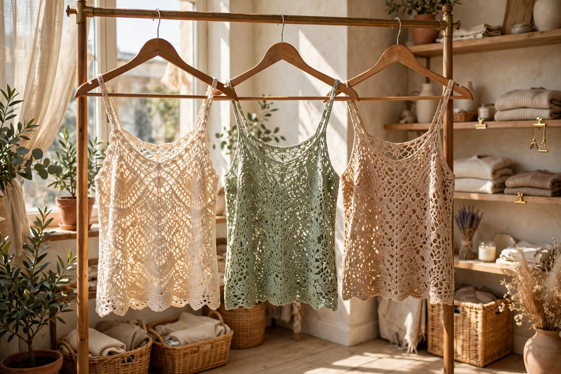 Three airy crochet tank tops in soft summer colours hanging in a sunlit boutique