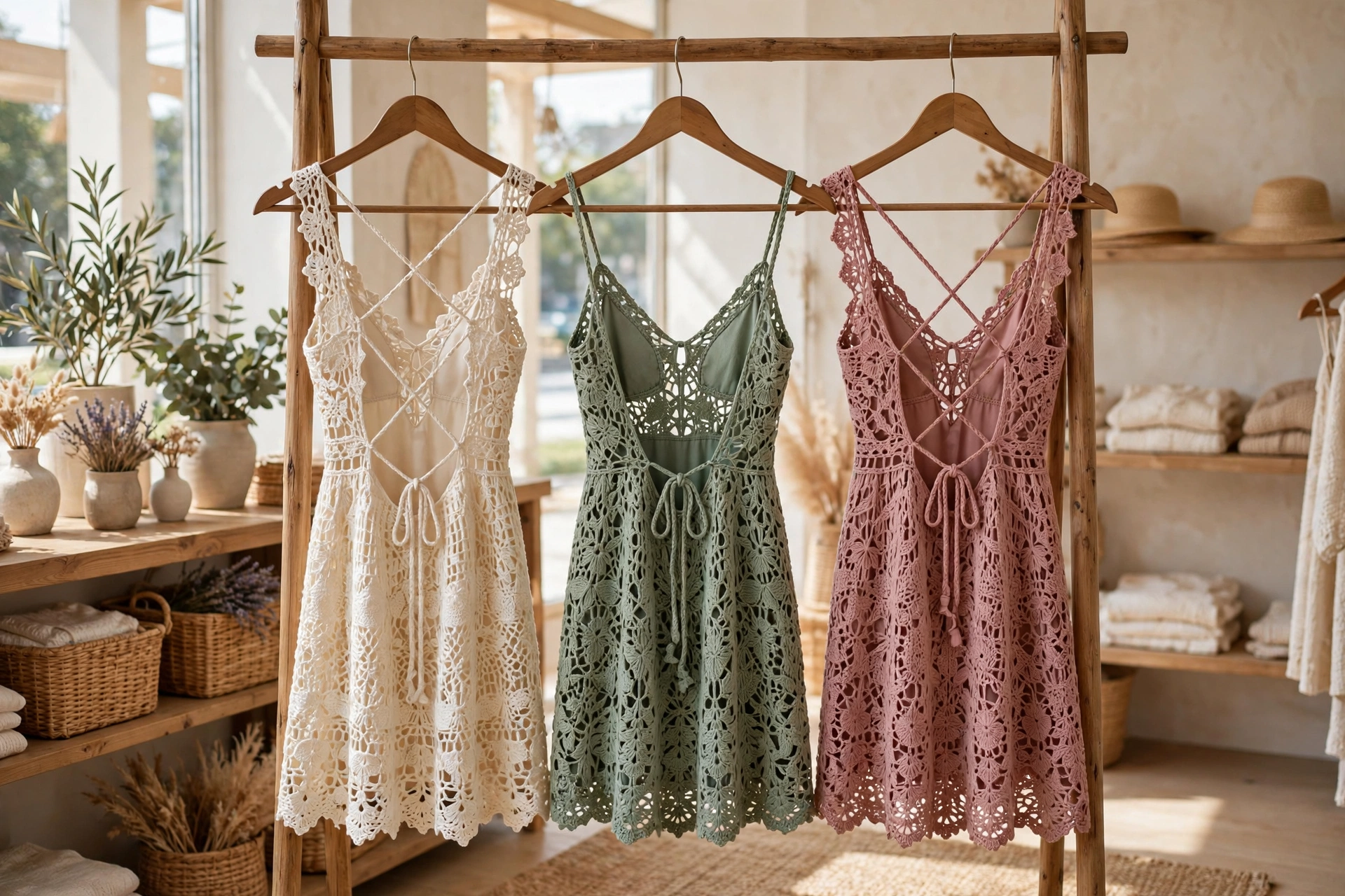 Three crochet open-back dresses in ivory, sage green and dusty rose hanging in a bright sunlit boutique