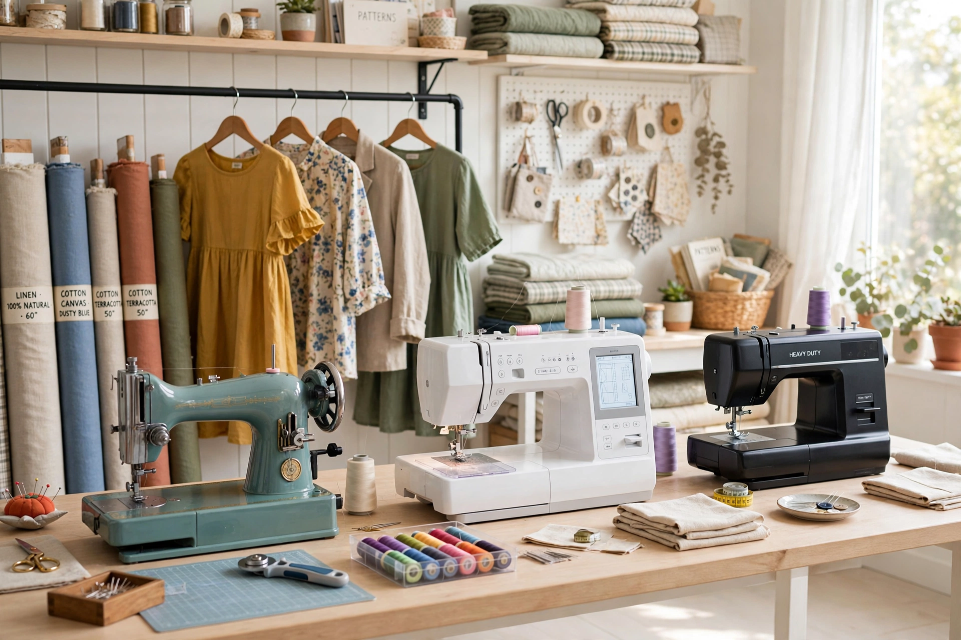 Tidy sewing workspace with three different home sewing machines on a long table, fabric bolts and finished handmade garments behind