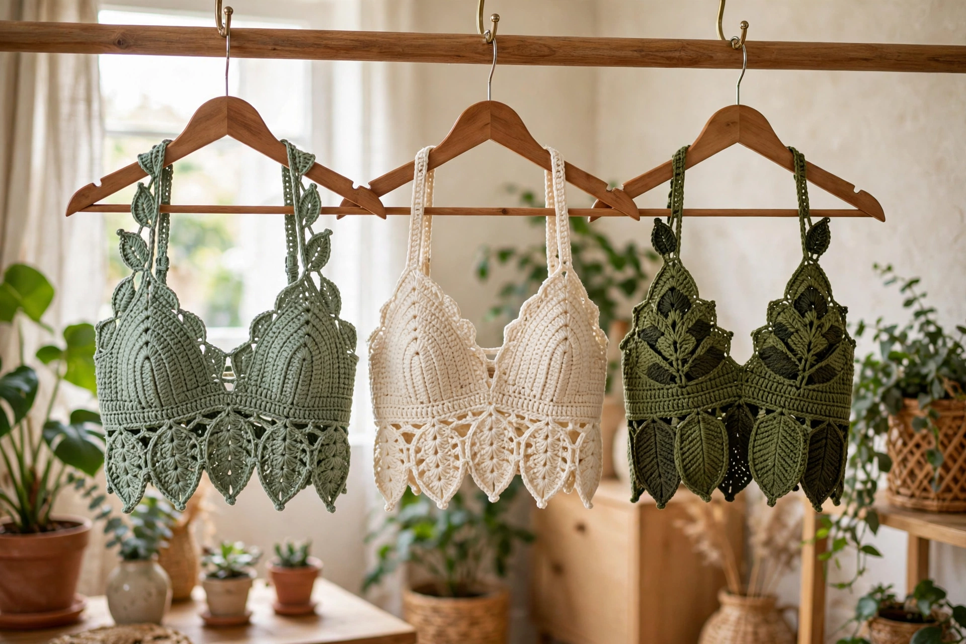 Three unique crochet leaf tops in sage green, cream and olive hanging on a rail in a bright room with plants