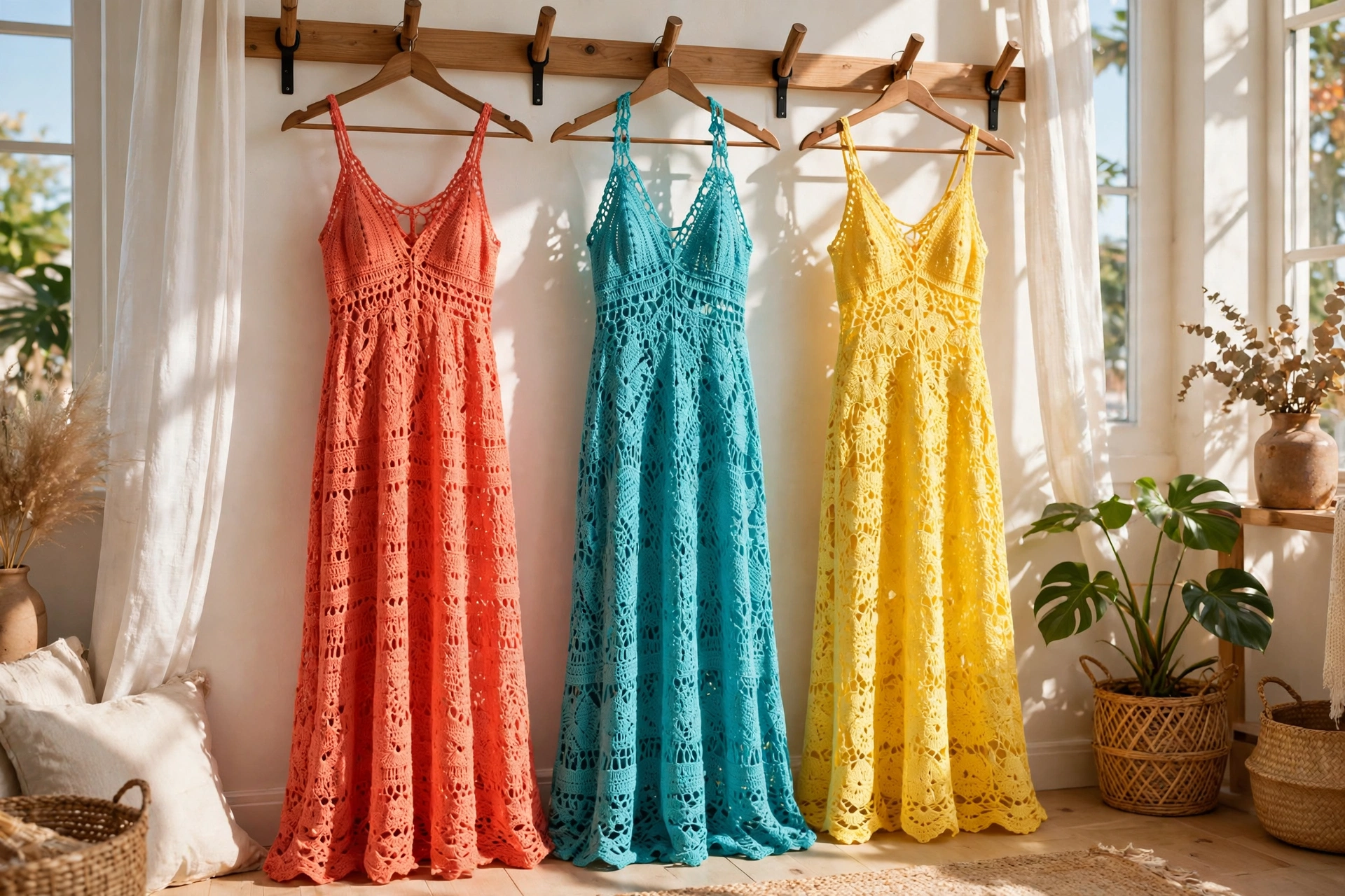 Three colorful crochet maxi dresses in coral, turquoise and sunshine yellow hanging on a rail in a bright sunlit room