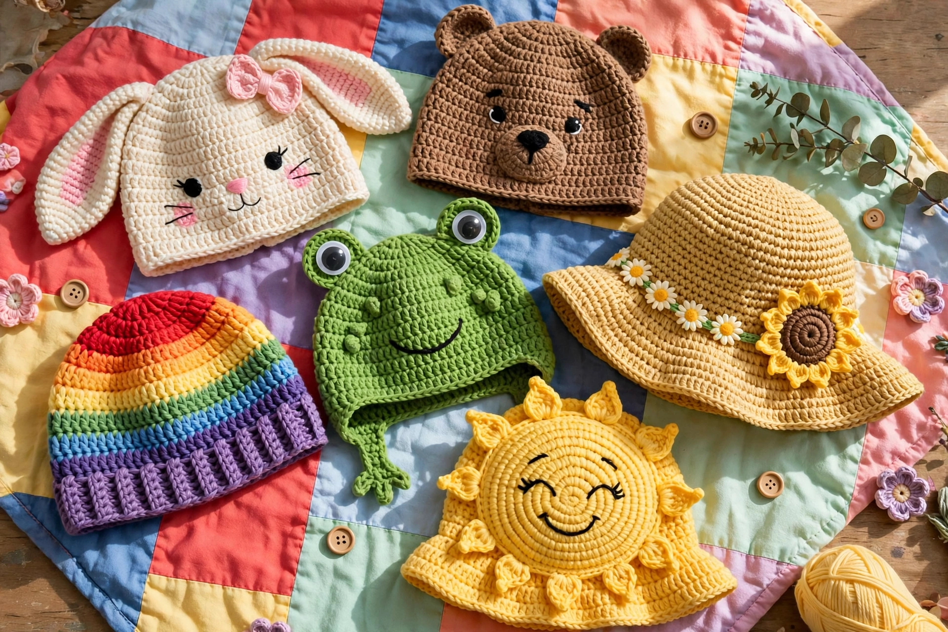 Collection of beautiful crochet hats for kids in animal, rainbow and sun hat styles laid out on a bright blanket