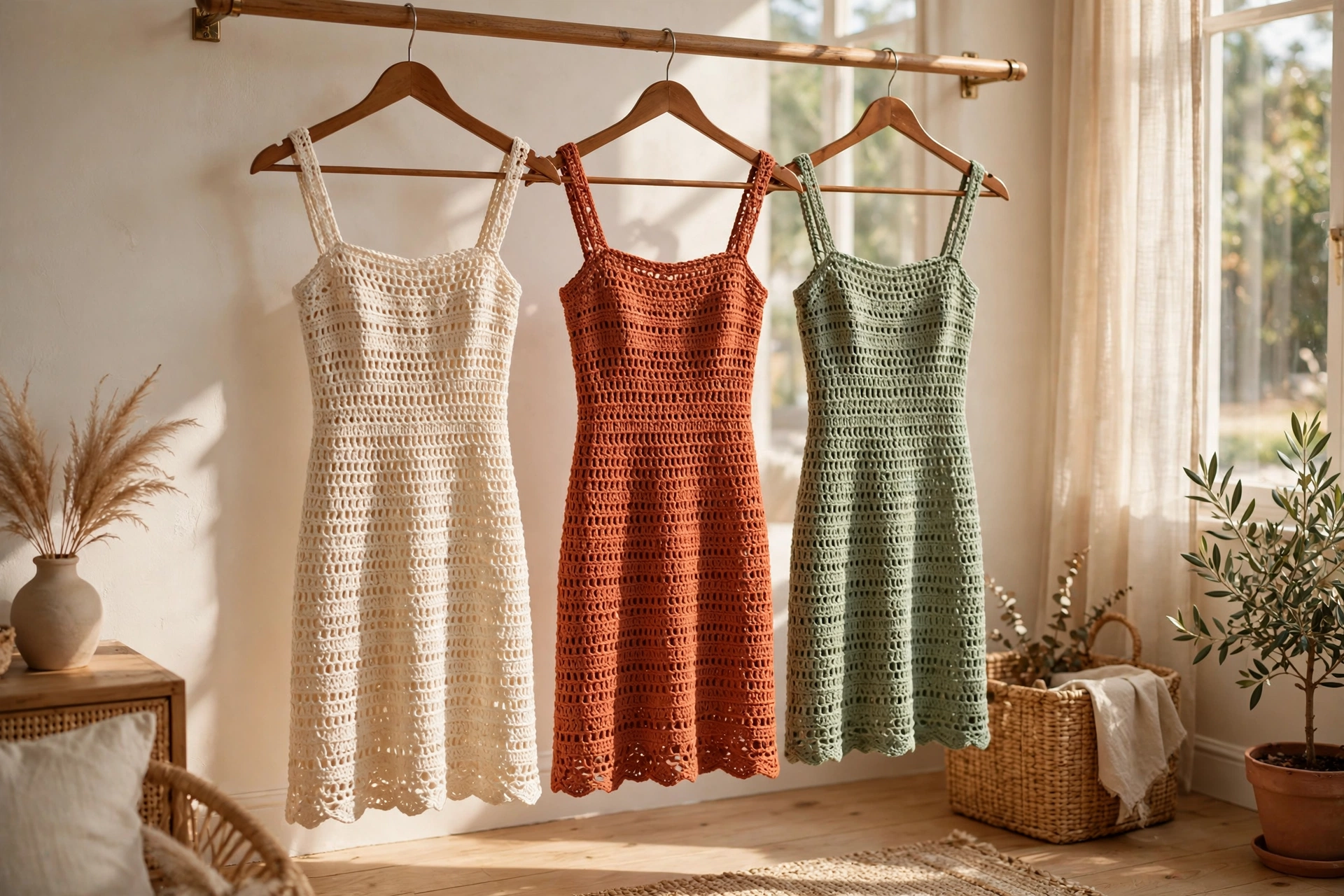 Three crochet tube dresses in cream, terracotta and sage green hanging on a rail in a bright sunlit room