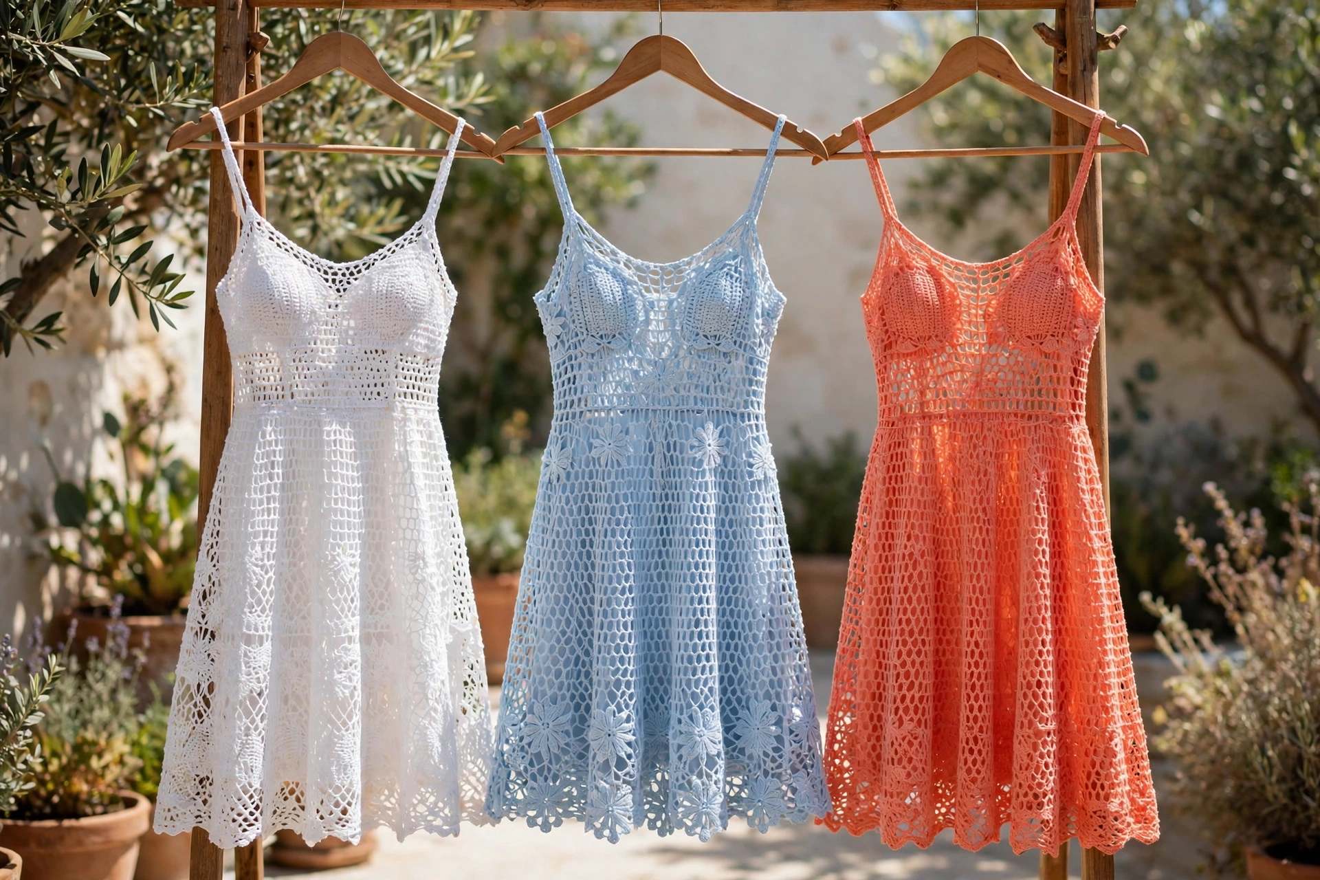 Three crochet mesh summer dresses in white, pastel blue and coral hanging in bright sunlight
