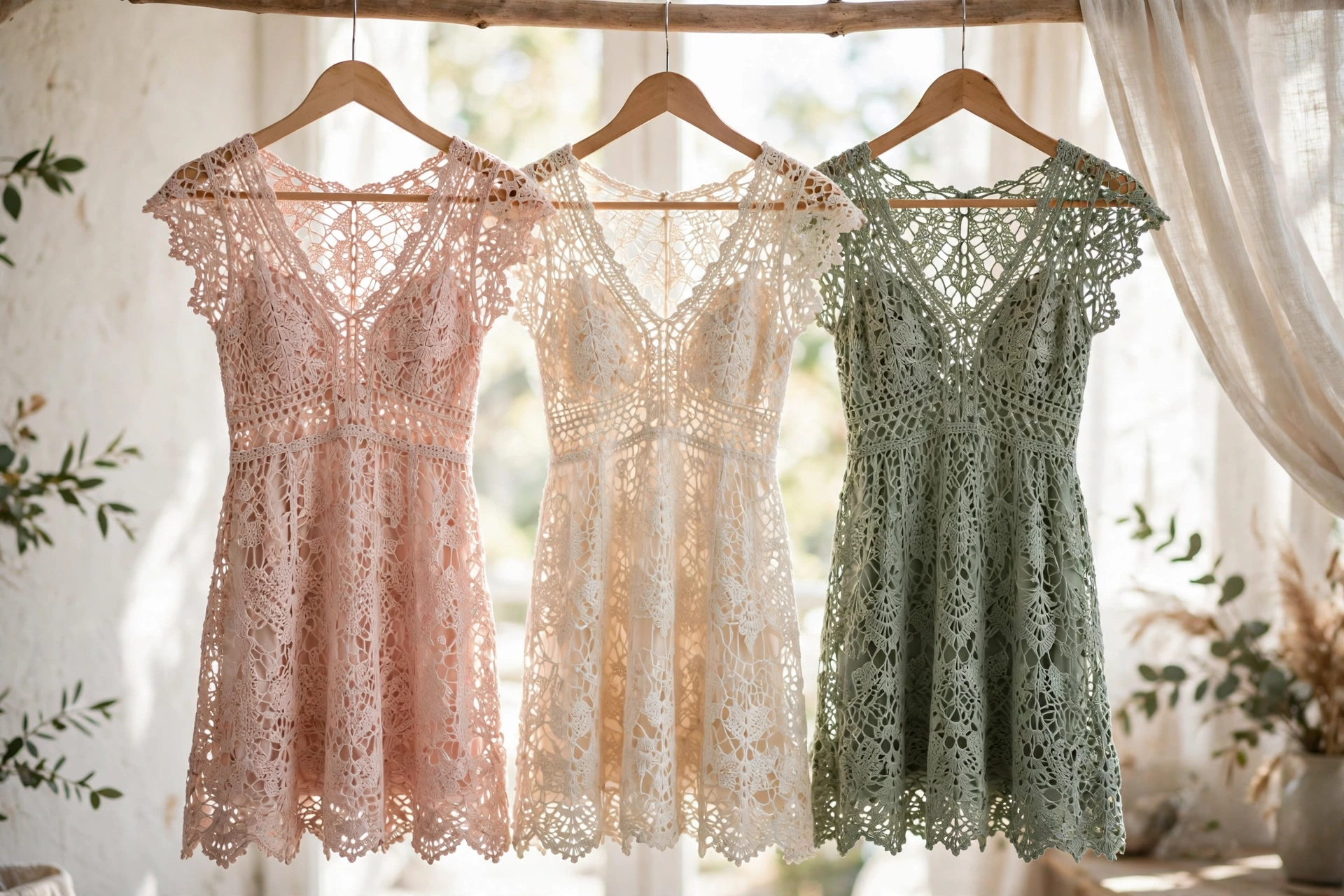 Three feminine crochet dresses in blush, cream and sage lace hanging in bright natural light