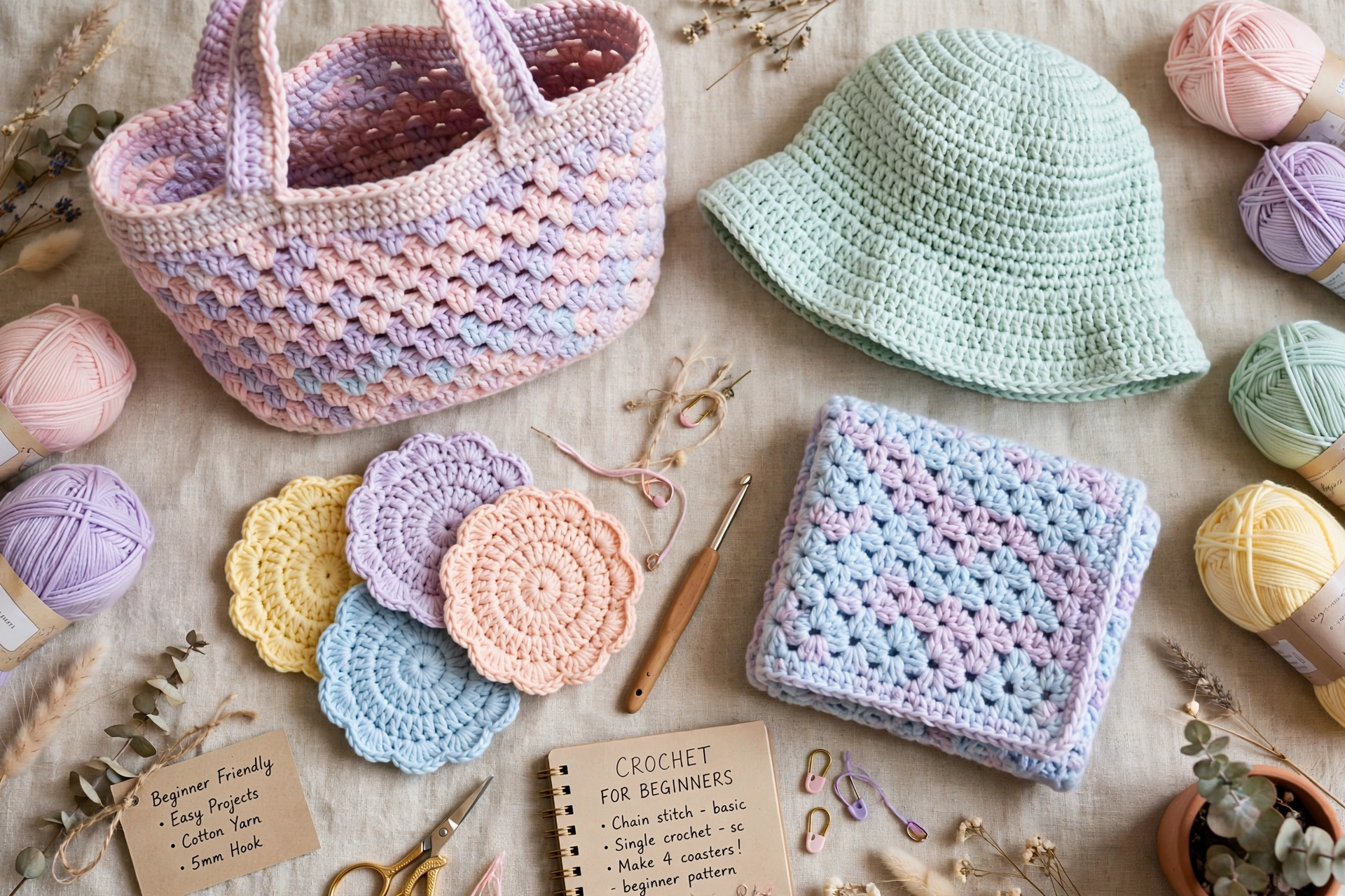 Flat lay of beautiful crochet products for beginners including tote bag, coasters, hat and small blanket in pastel yarns