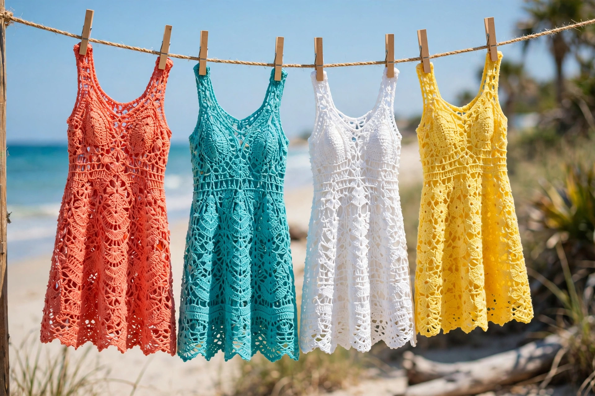 Colorful row of crochet summer dresses in coral, turquoise, white and yellow hanging in bright beachside light