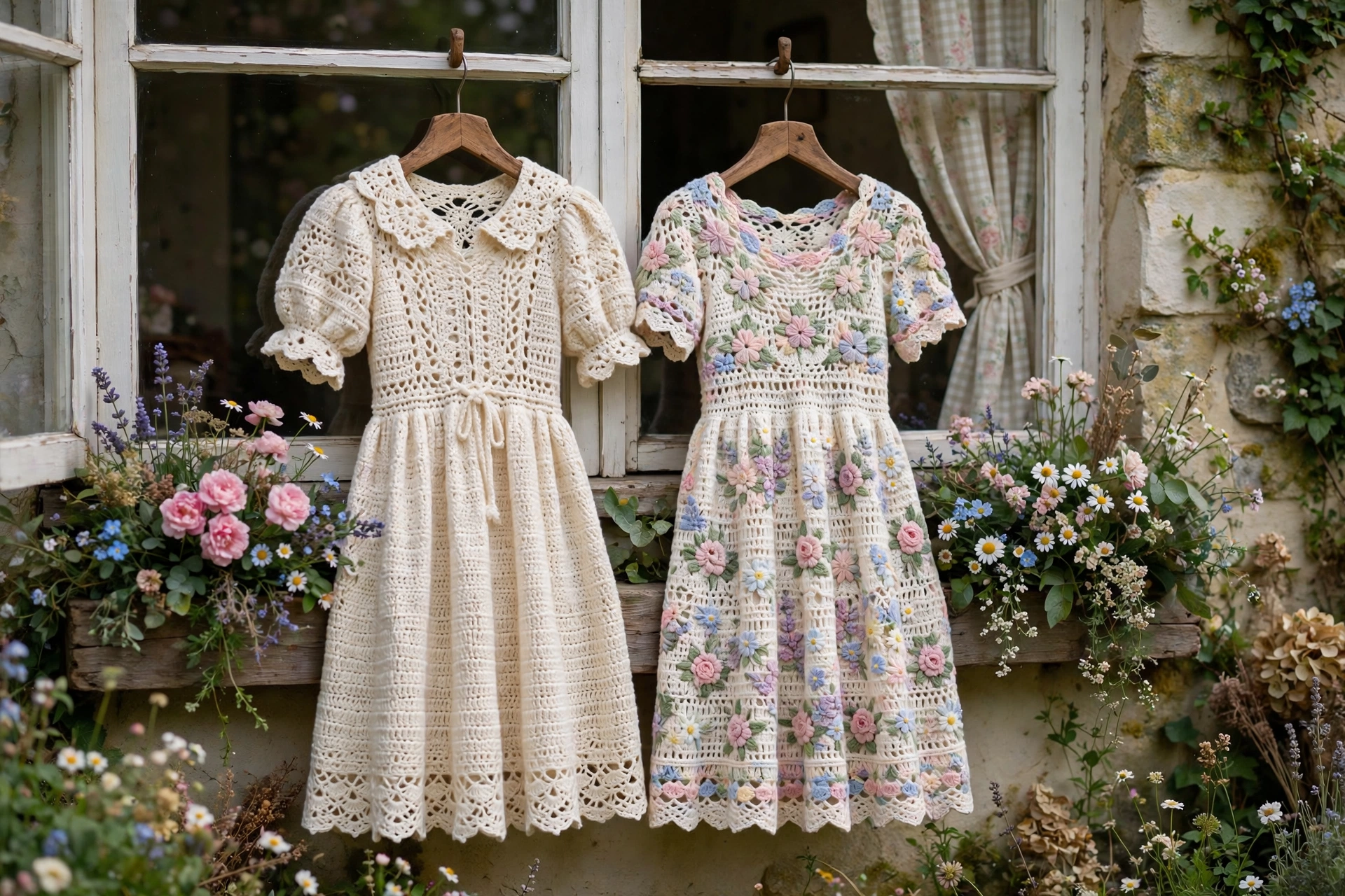Two crochet cottagecore dresses in cream and floral pastel tones hanging by a cottage window with flowers