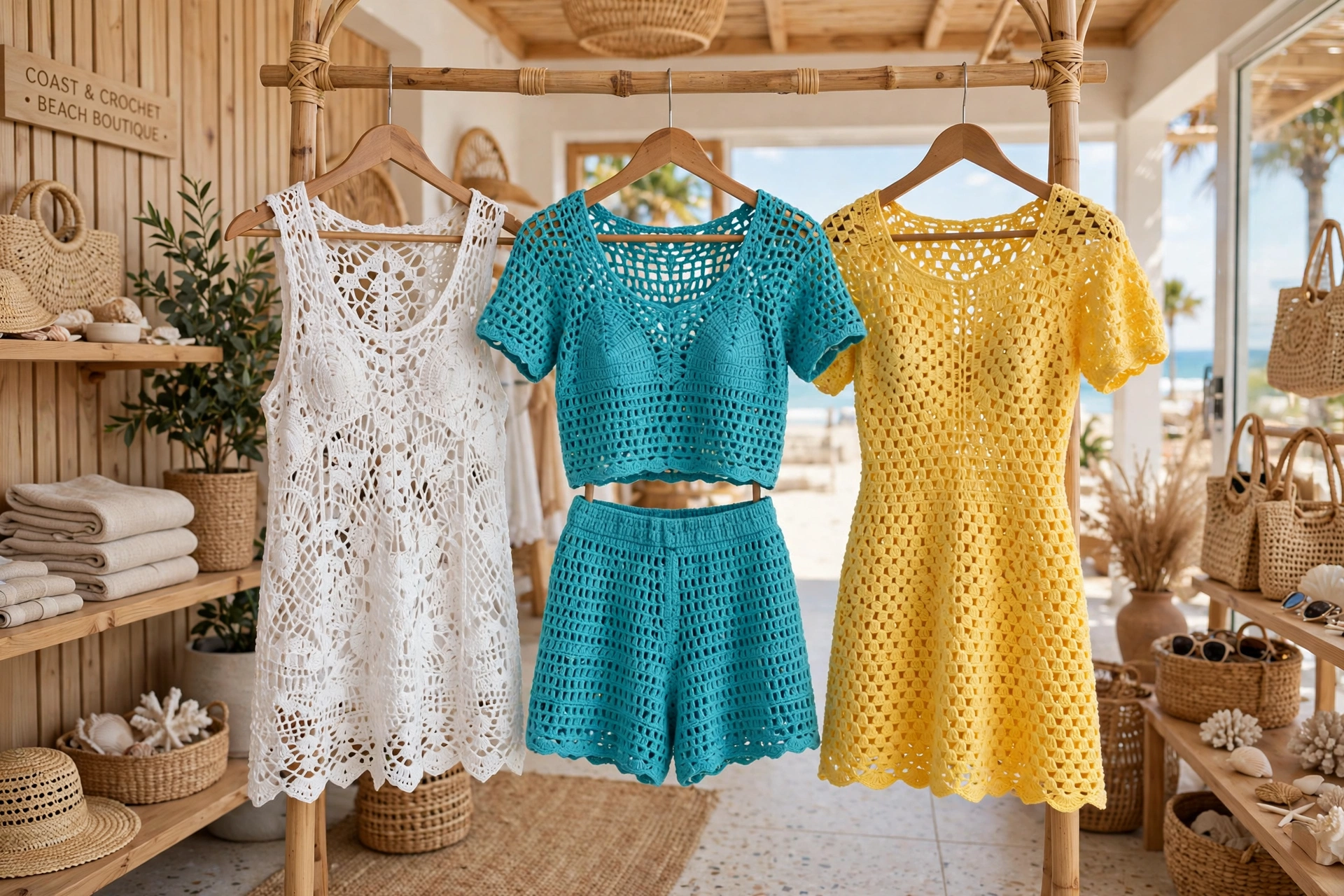 Three beautiful crochet hot day outfits in white, turquoise and sunshine yellow hanging in a bright beach boutique