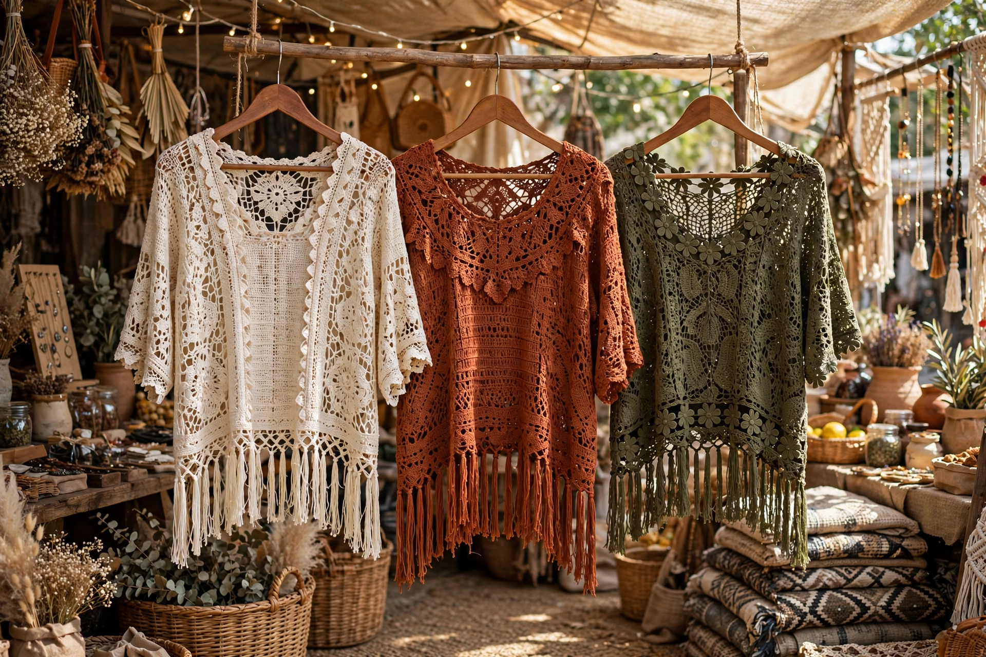 Three unique boho crochet tops in cream, rust and olive with fringe and lace details hanging in a sunlit bohemian market stall