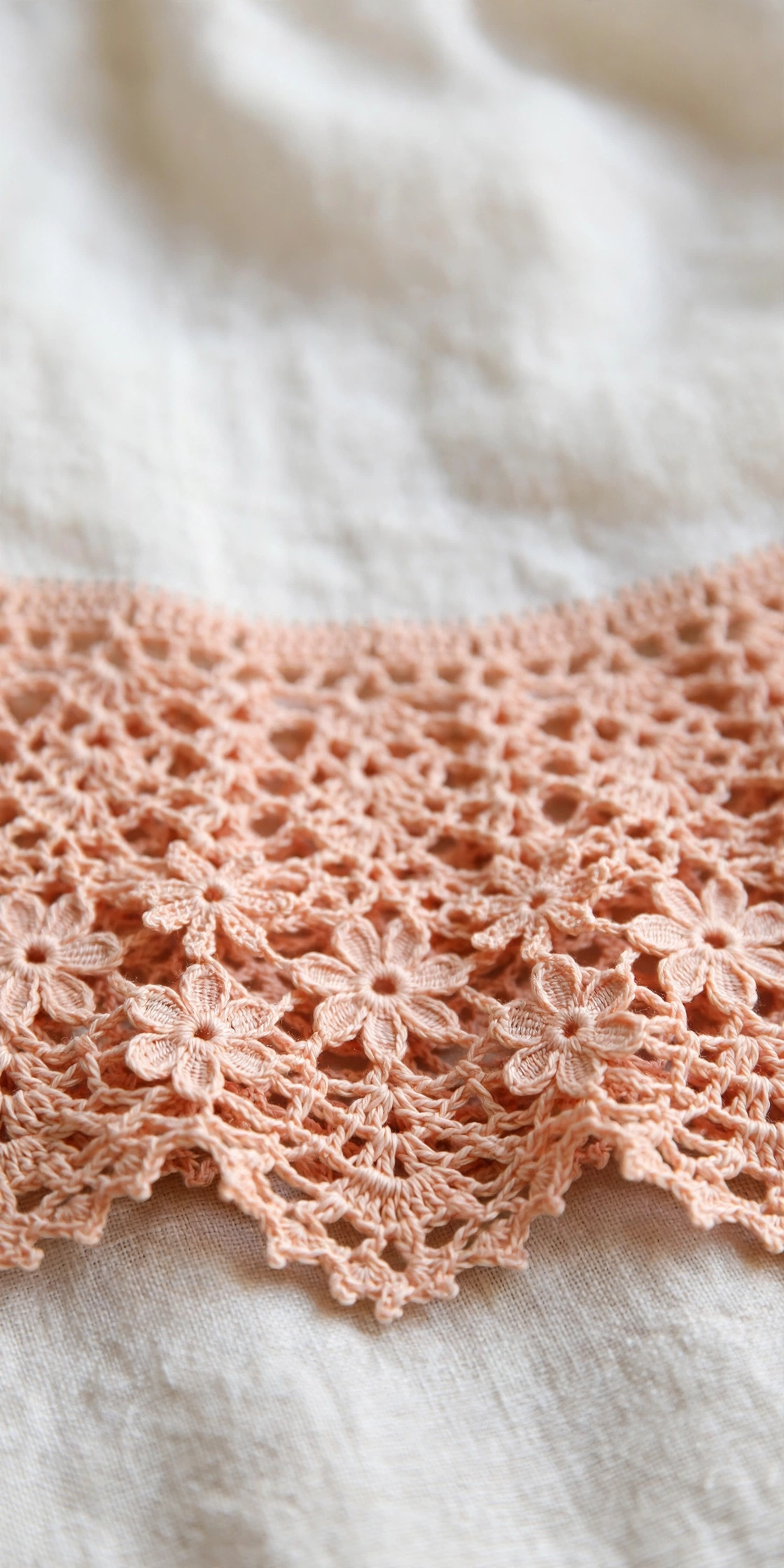 Close-up of openwork crochet skirt hem in soft peach cotton with floral lace motifs