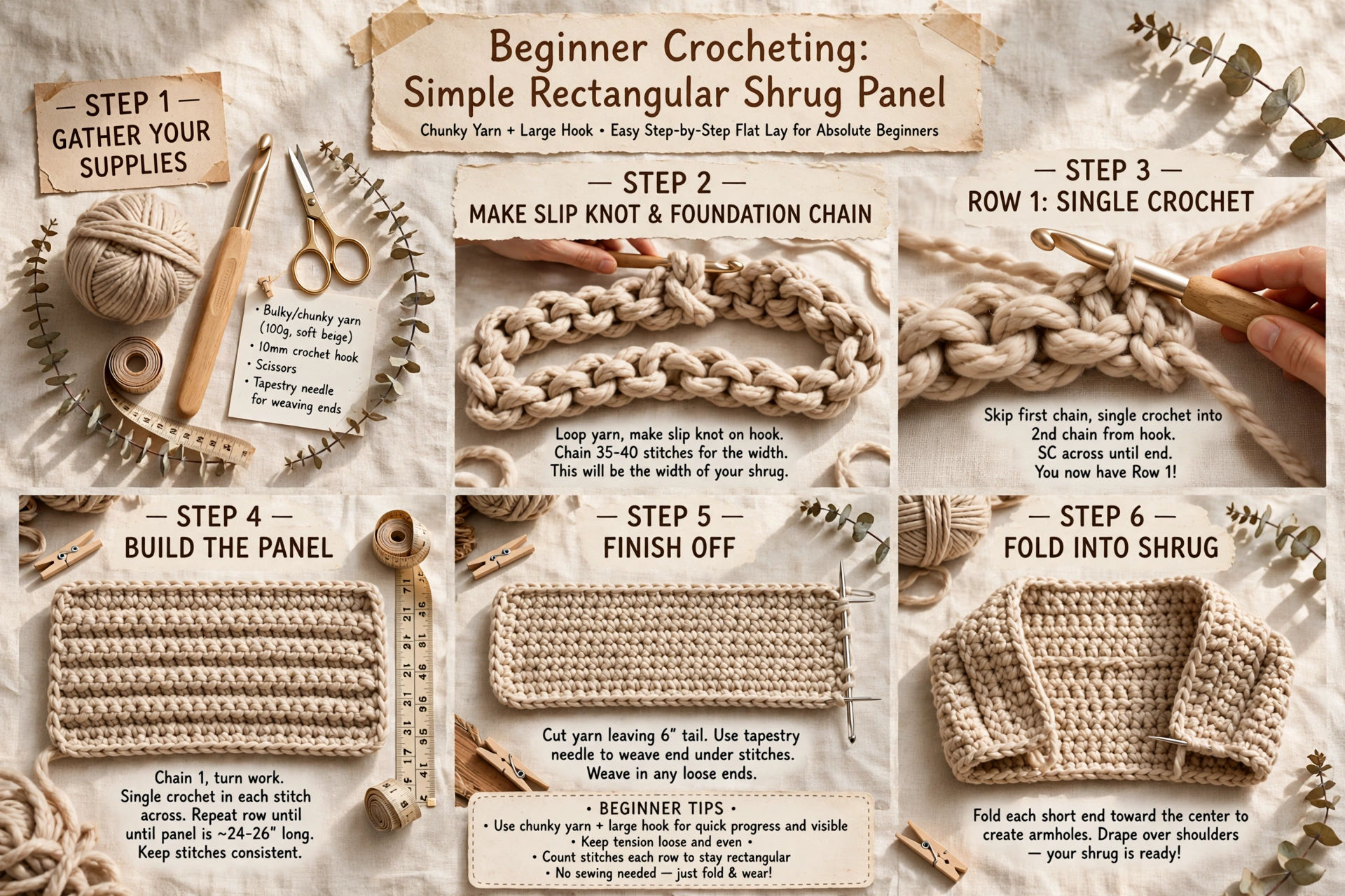 Beginner crocheting a simple rectangular shrug panel with chunky yarn and large hook