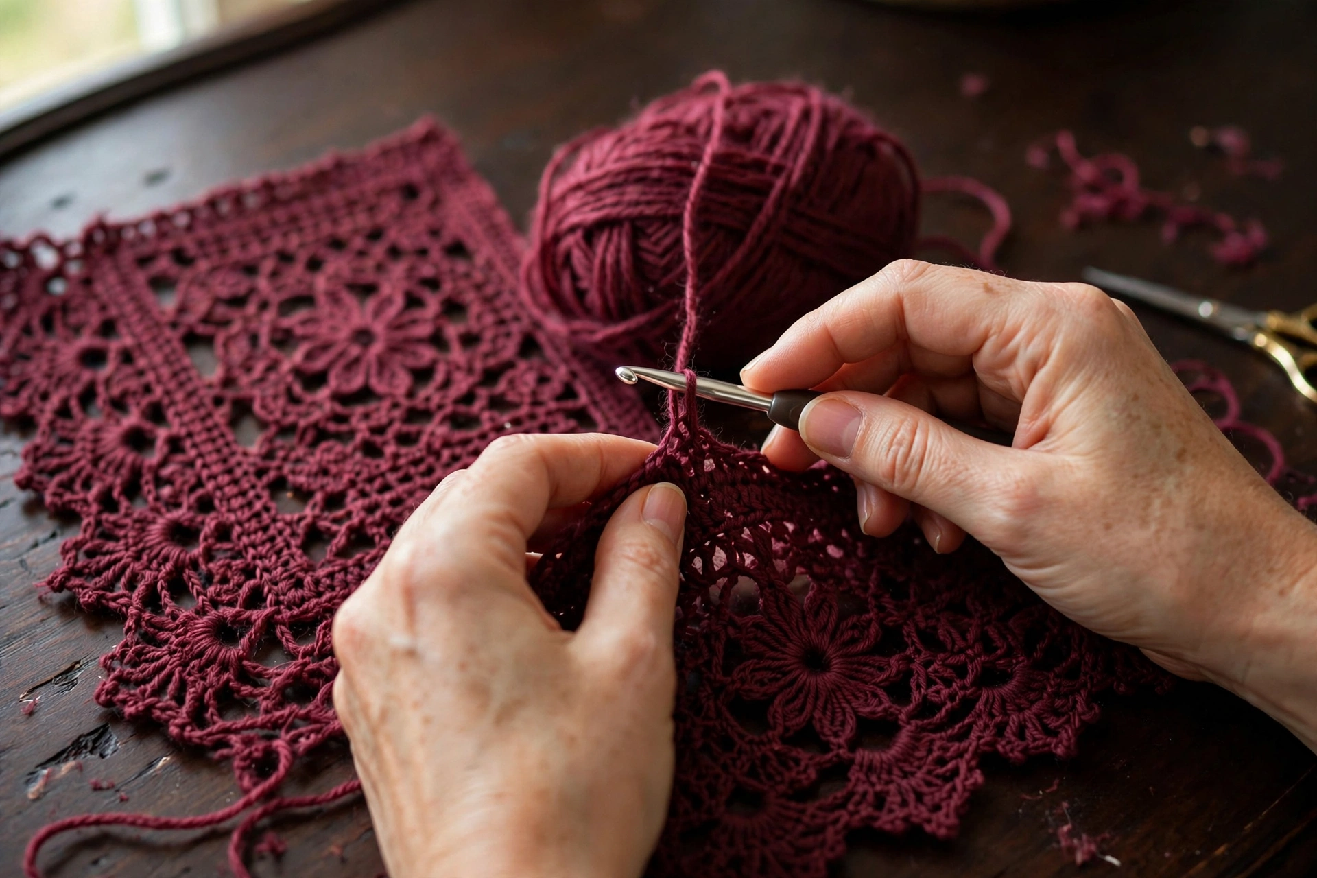 Hands crocheting a burgundy lace crochet dress panel with soft yarn and a crochet hook on an elegant dark wooden table