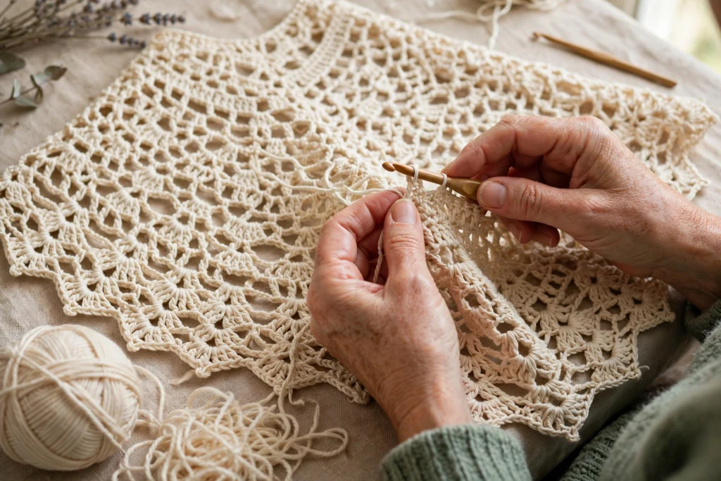 Hands crocheting a lacy summer poncho panel with fine cotton yarn