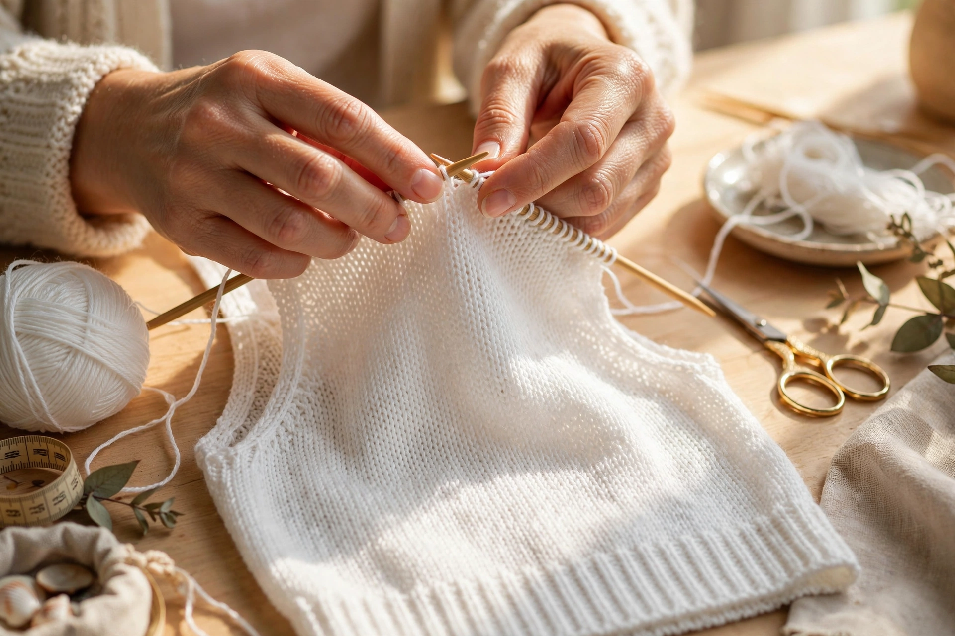 Hands knitting a white summer tank top with fine yarn and knitting needles on a bright craft table