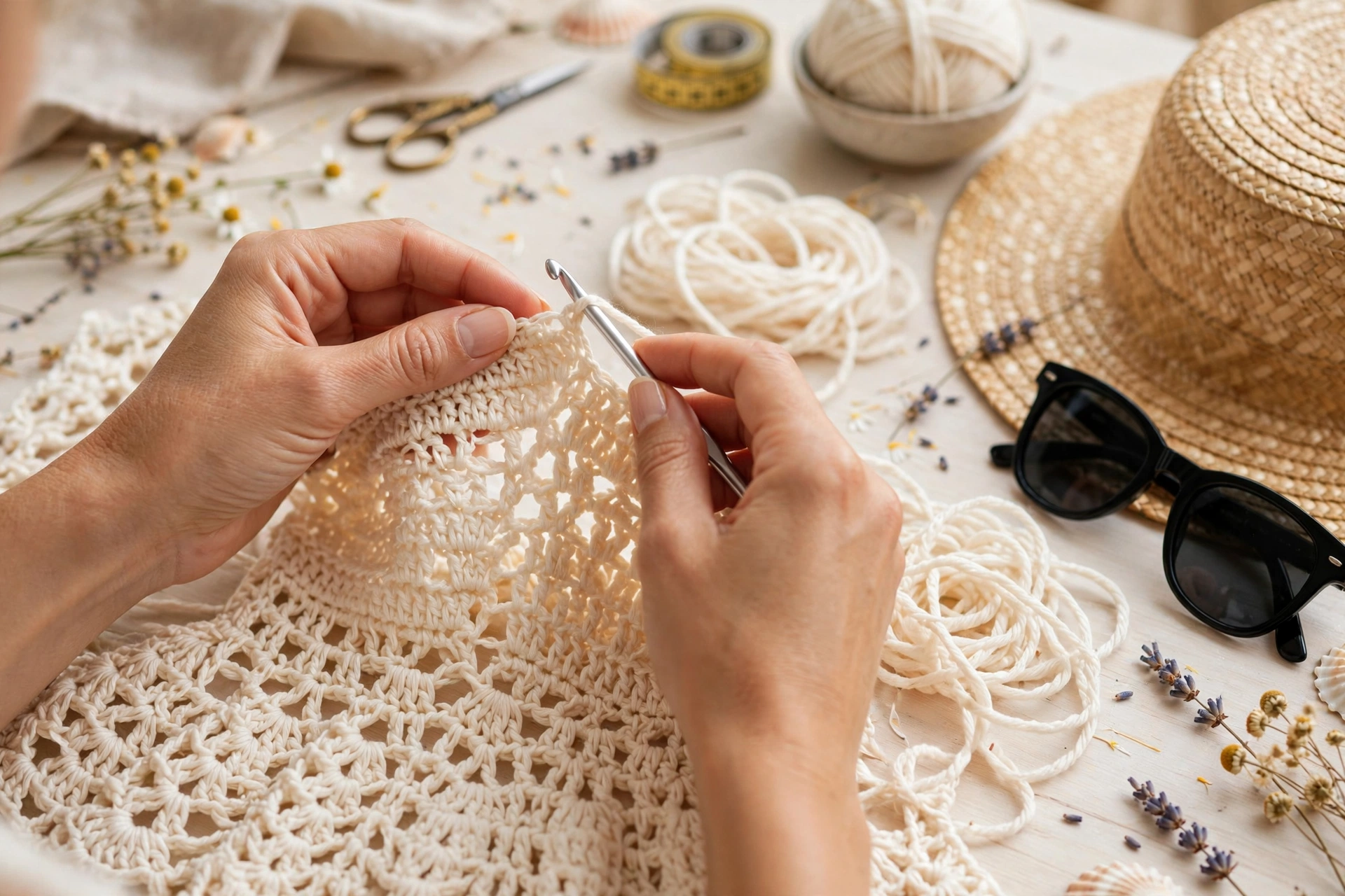Hands crocheting a cream sundress bodice with cotton yarn and a crochet hook on a bright craft table with a straw hat beside