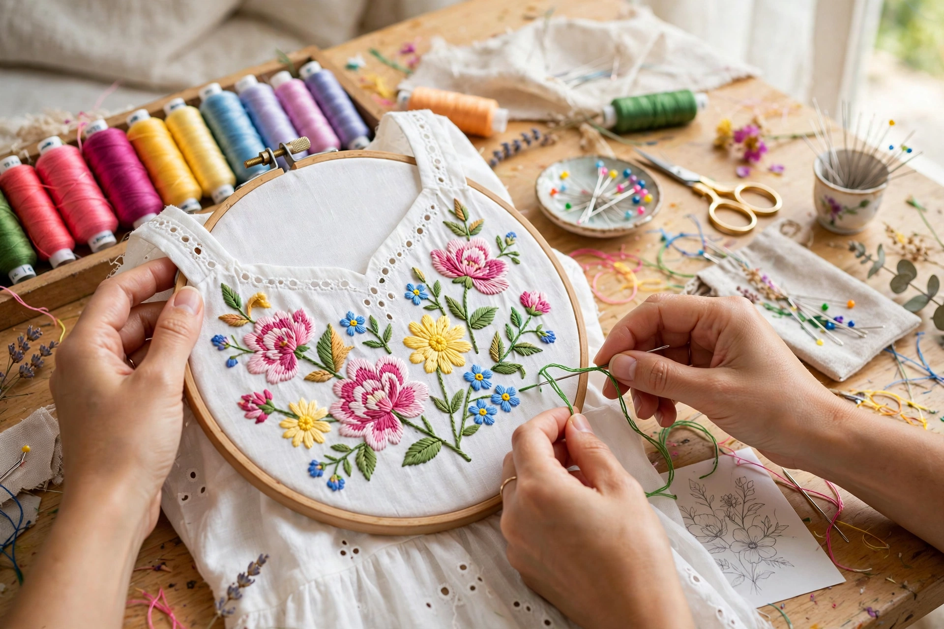 Hands embroidering colourful floral designs onto a white summer dress bodice with needle and embroidery threads on a bright craft table