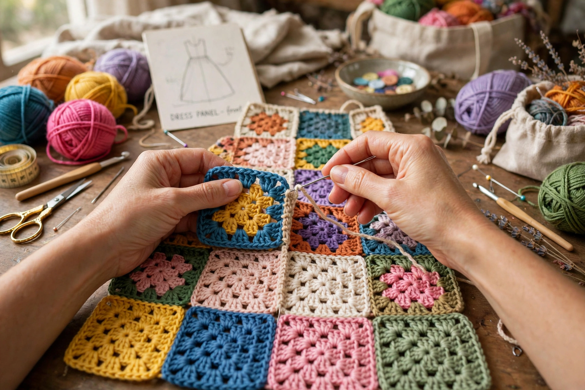 Hands joining colorful crochet patchwork squares together with yarn and a needle to form a dress panel on a craft table