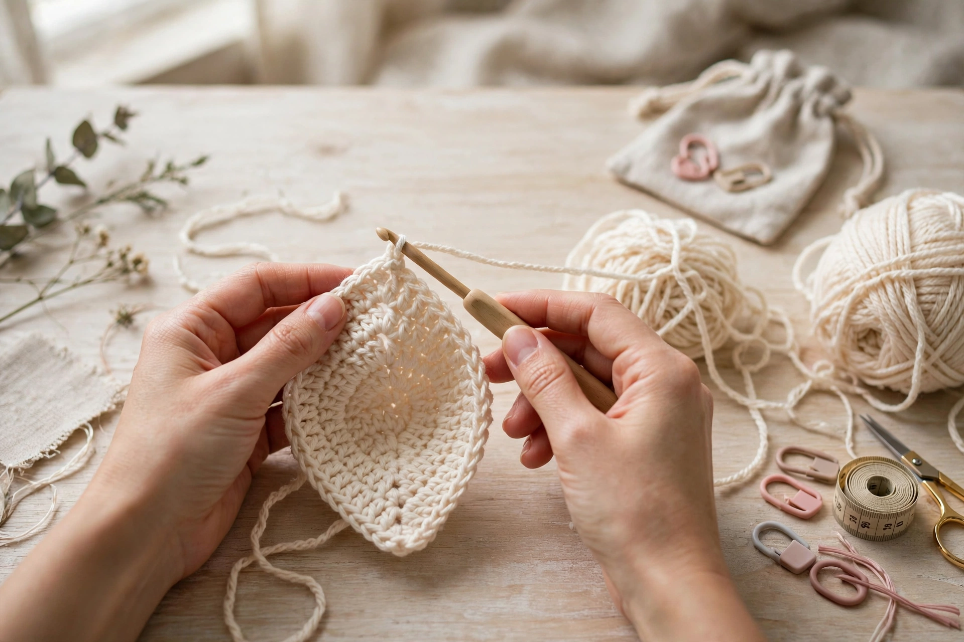 Hands crocheting a bralette dress cup with soft cotton yarn and a crochet hook on a light wooden craft table