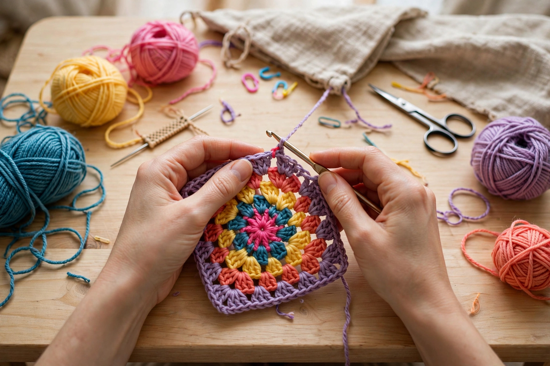 Hands crocheting a colorful granny square with yarn and a crochet hook on a light wooden craft table