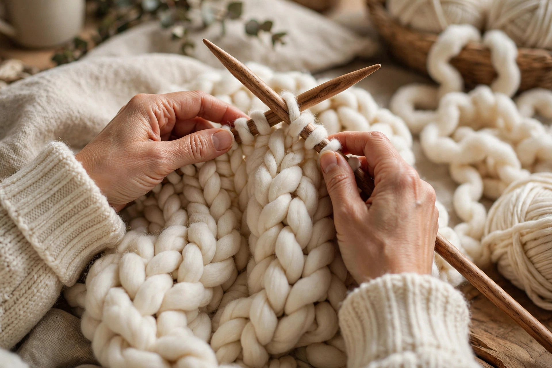 Hands knitting a chunky blanket with super bulky cream yarn and large wooden knitting needles
