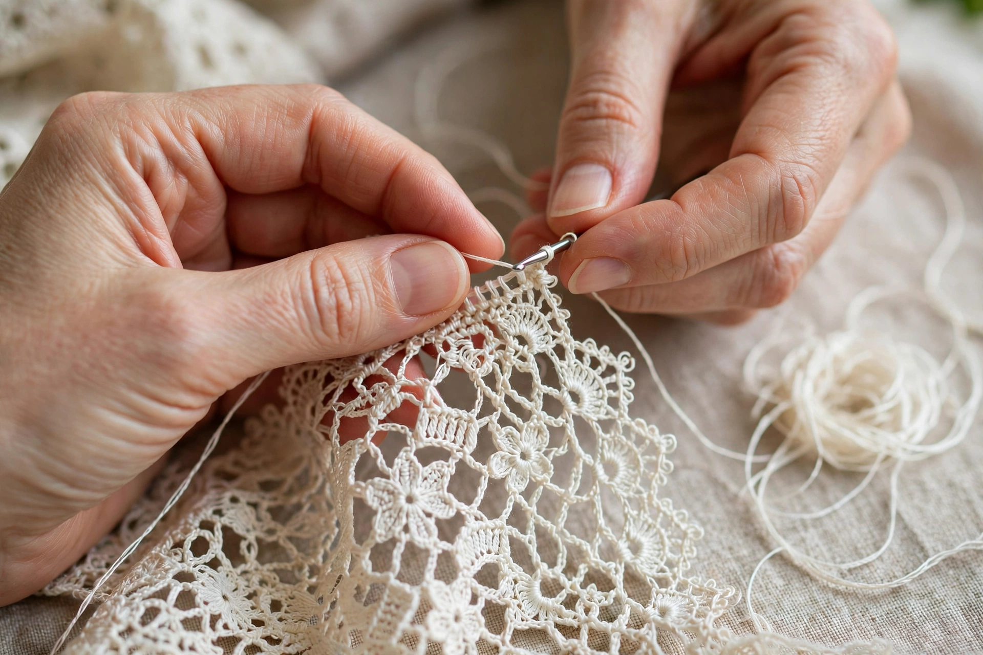 Close-up hands crocheting fine elegant lace dress fabric with ivory thread and a small crochet hook