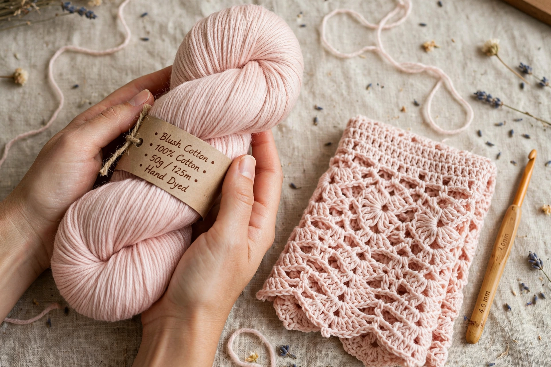 Hands holding a soft skein of blush cotton yarn next to crochet dress fabric and a crochet hook