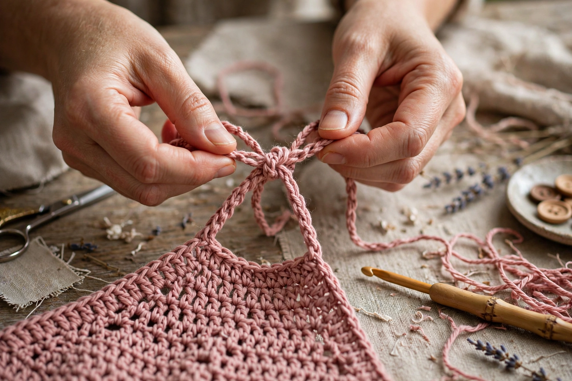Hands tying a crochet halter dress neckline in dusty rose cotton yarn with a crochet hook on a craft table