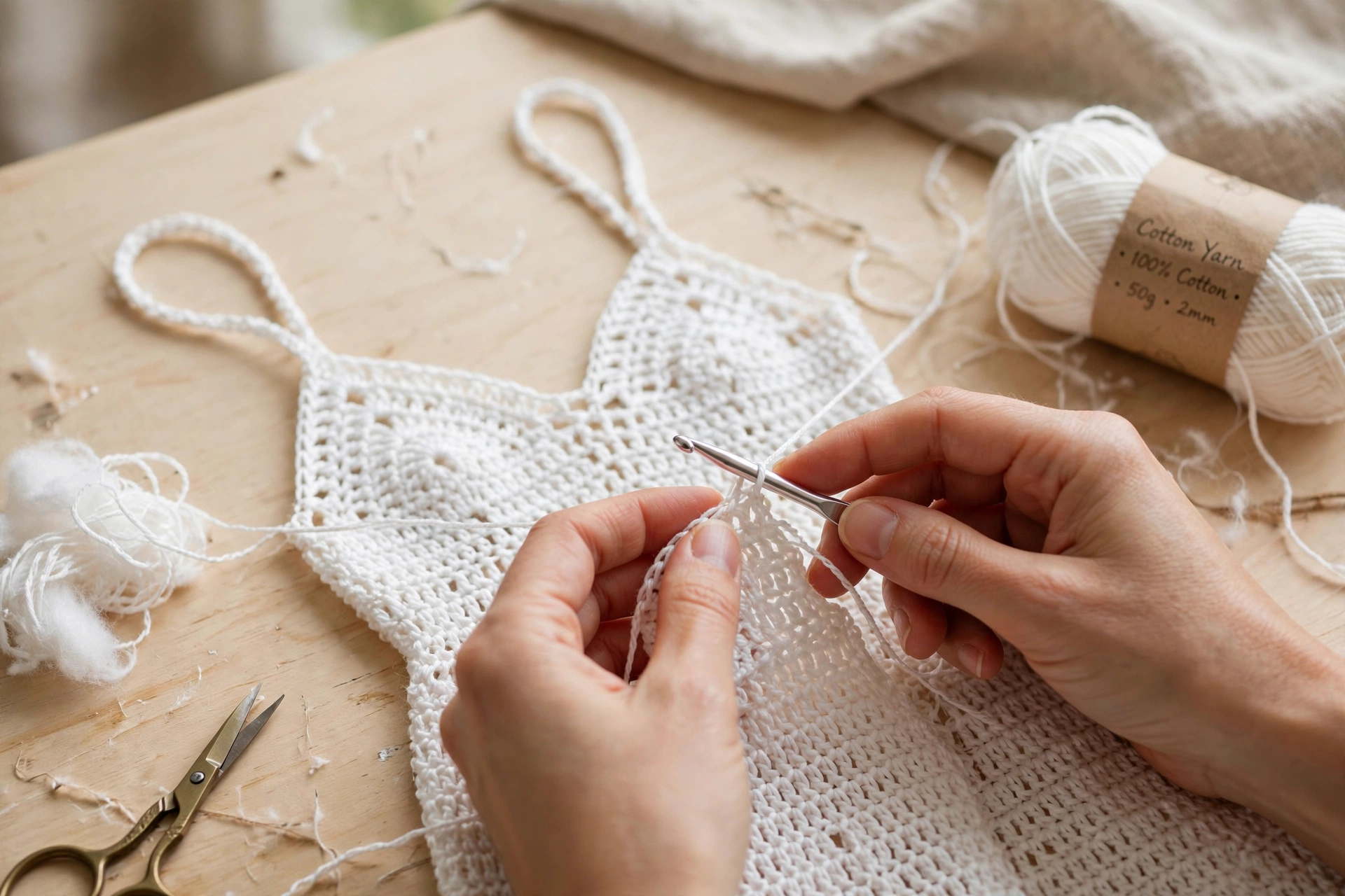 Hands crocheting a white slip dress with fine cotton yarn and a crochet hook, thin straps taking shape on a wooden table
