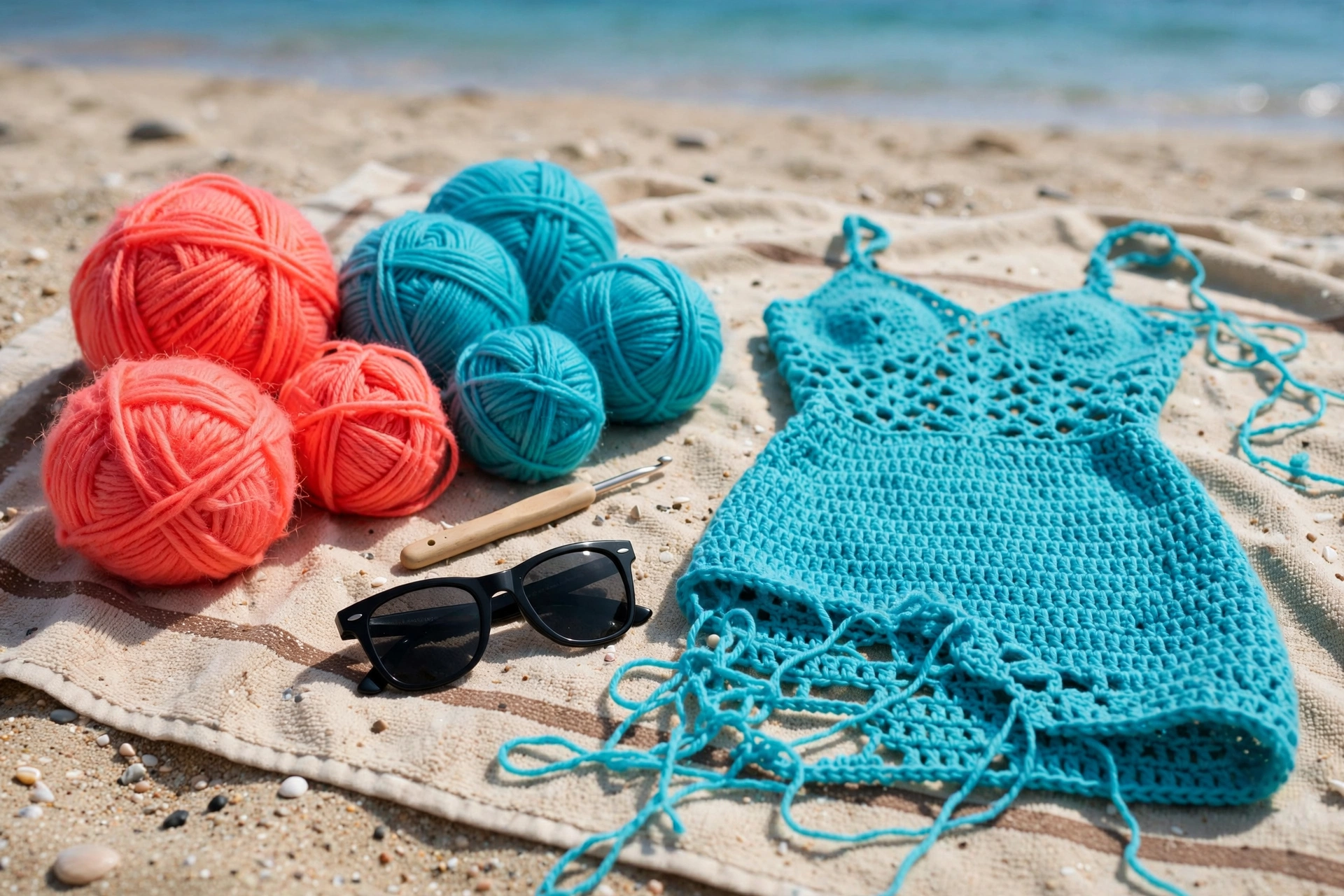 Bright coral and turquoise yarn balls with a crochet hook and sunglasses on a beach towel beside a half-finished dress