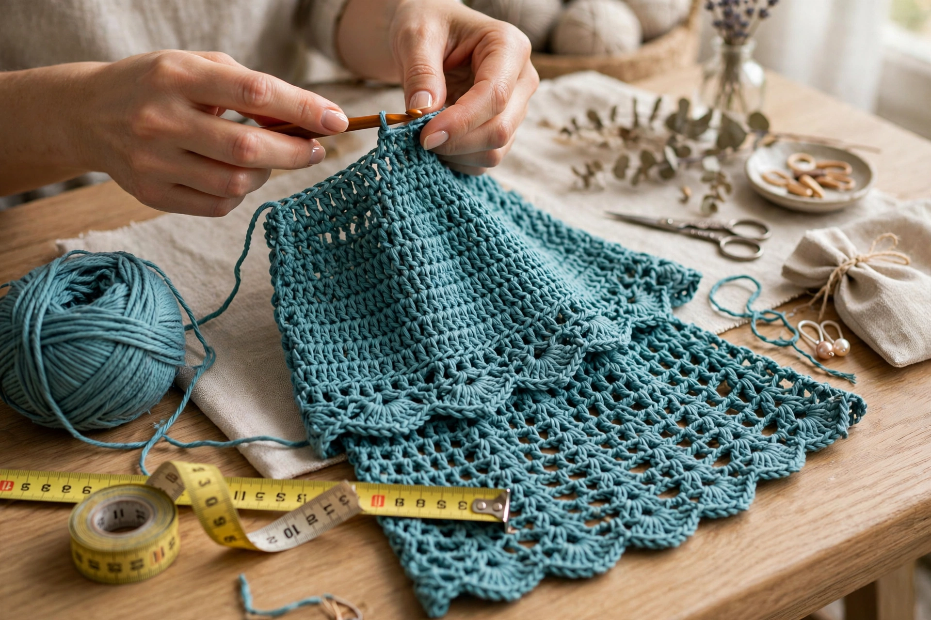 Hands crocheting a teal crochet dress skirt panel with soft cotton yarn and a crochet hook on an elegant craft table