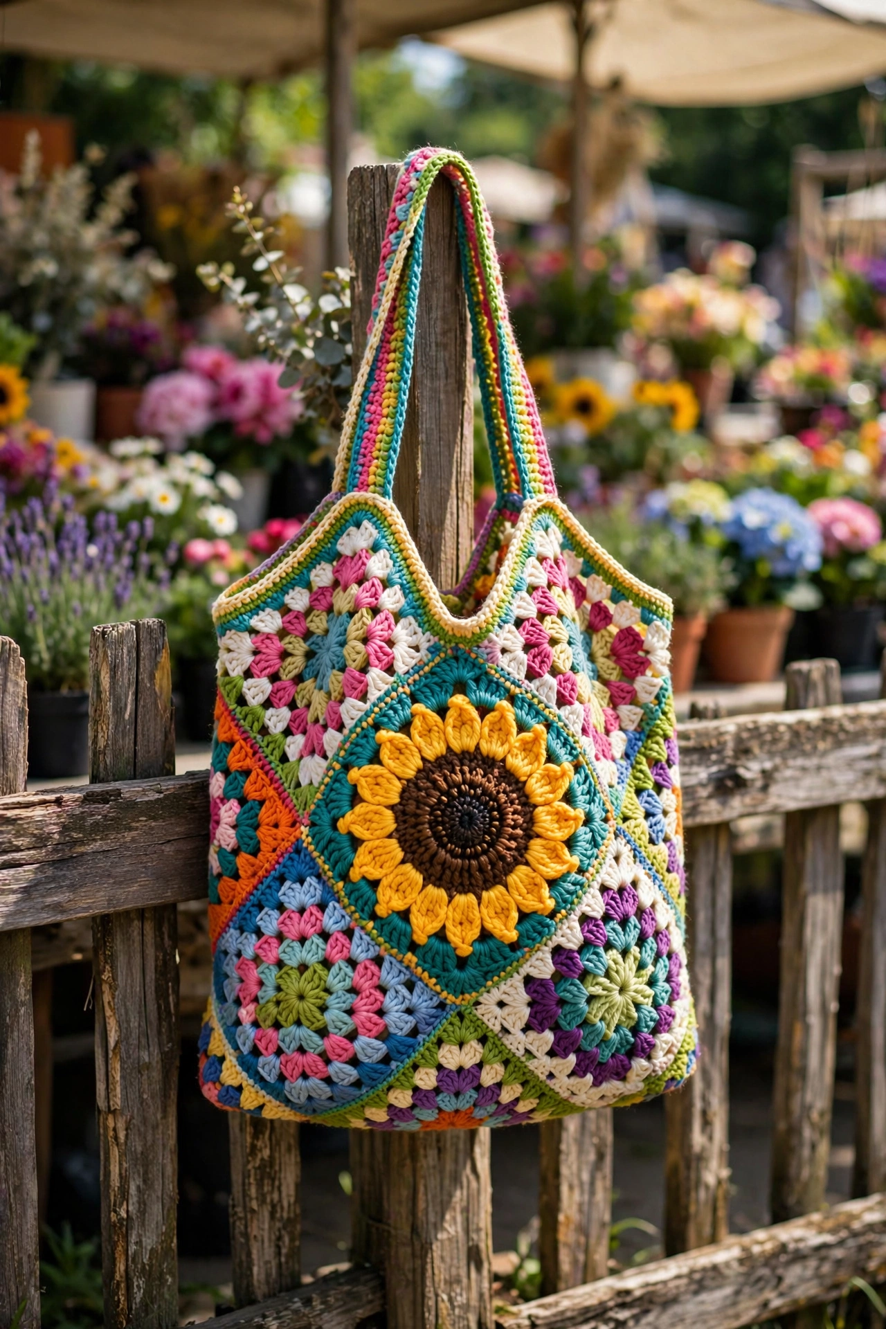 Colorful granny-square crochet tote bag with sunflower motif at a summer market