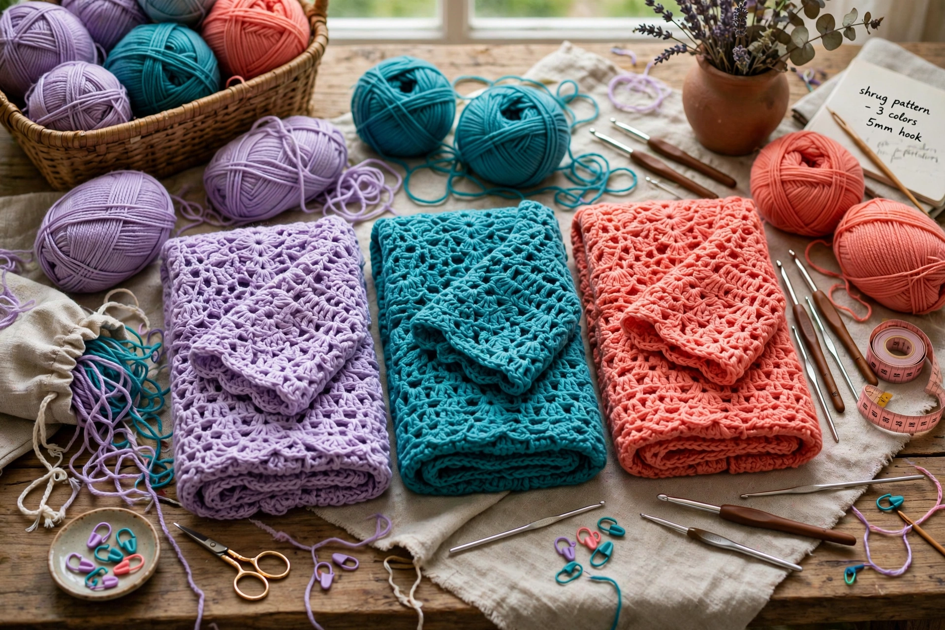 Collection of colorful crochet shrugs in lilac, teal and coral folded on a craft table