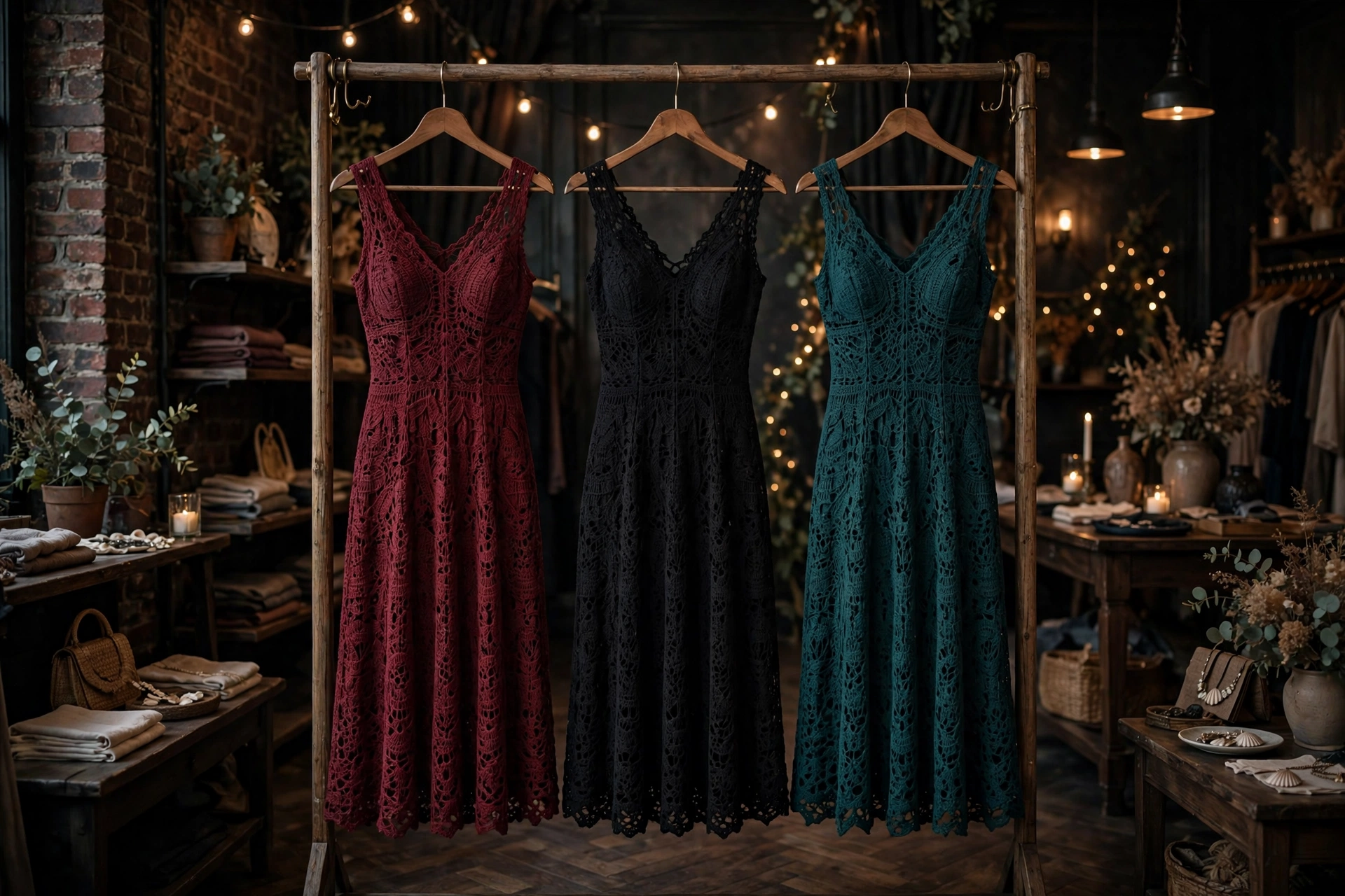 Three beautiful crochet date night dresses in burgundy, black and deep teal hanging in an elegant dim boutique