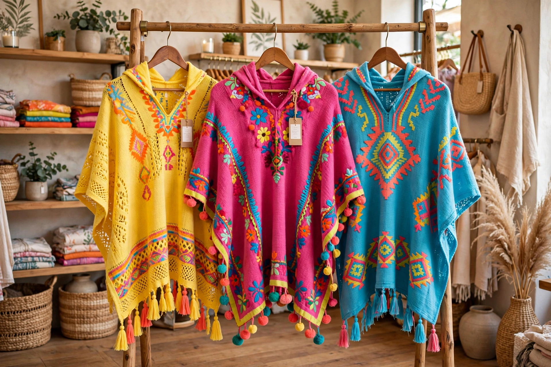 Three summer crochet ponchos in bright colours hanging in a boutique