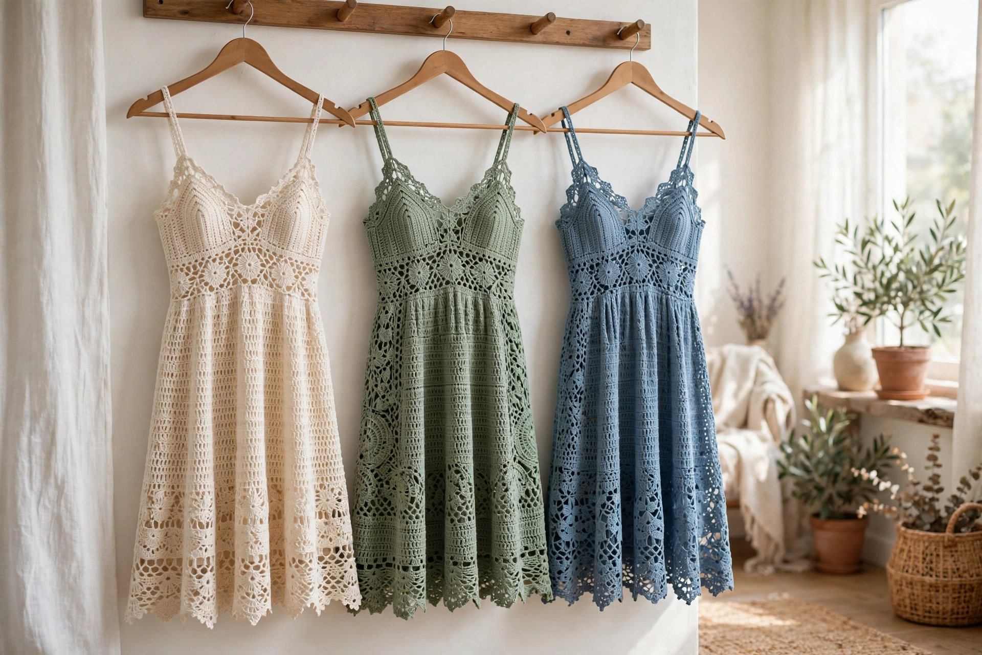 Three elegant crochet sundresses in cream, sage green and dusty blue hanging in a bright sunlit room with timeless classic styles