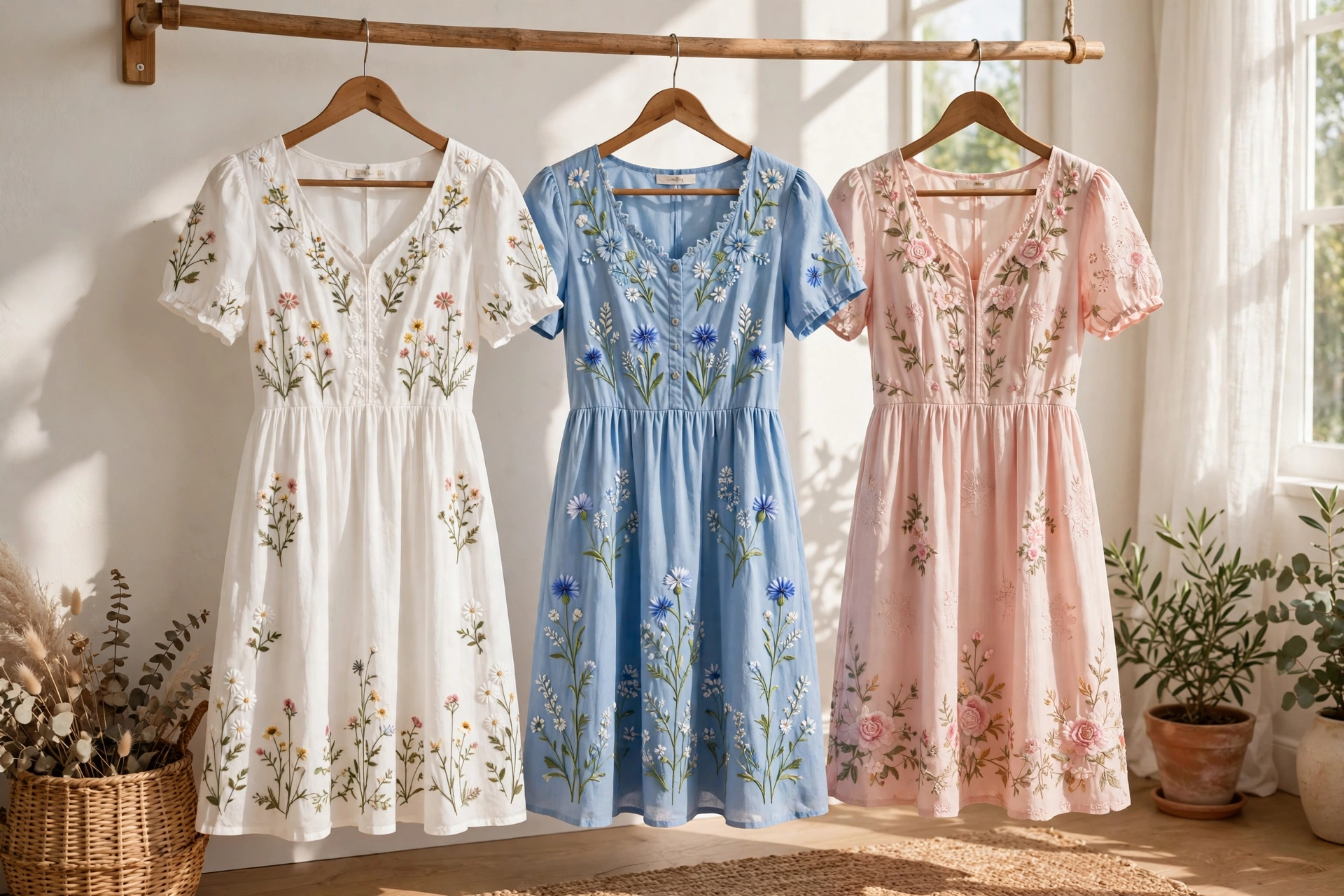 Three embroidered summer dresses in white, sky blue and blush pink with floral embroidery hanging in a bright sunlit room
