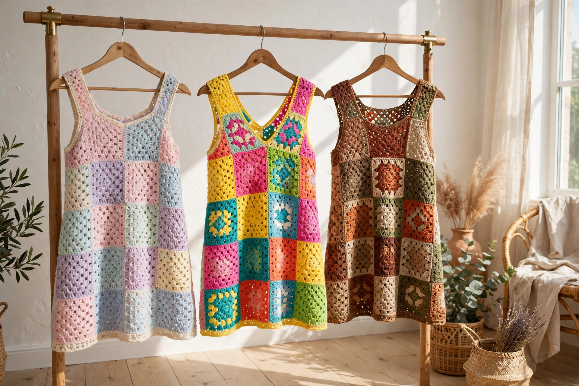 Three easy crochet patchwork dresses in pastel, bright and earthy colour mixes hanging on a rail in a bright sunlit room