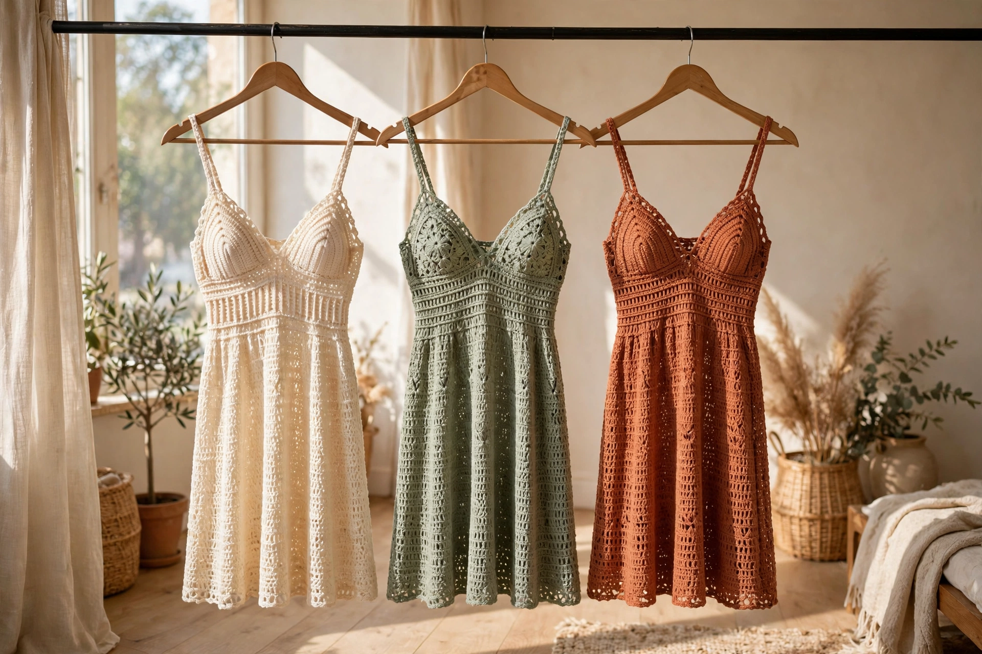 Three crochet bralette dresses in cream, sage and terracotta hanging on a rail in a bright sunlit room