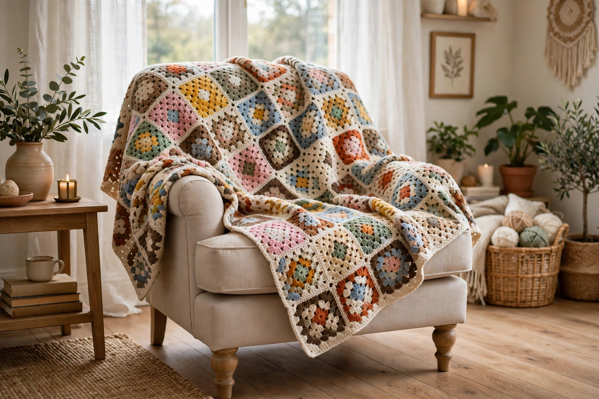A large granny square crochet blanket draped over a chair in a bright cozy living room