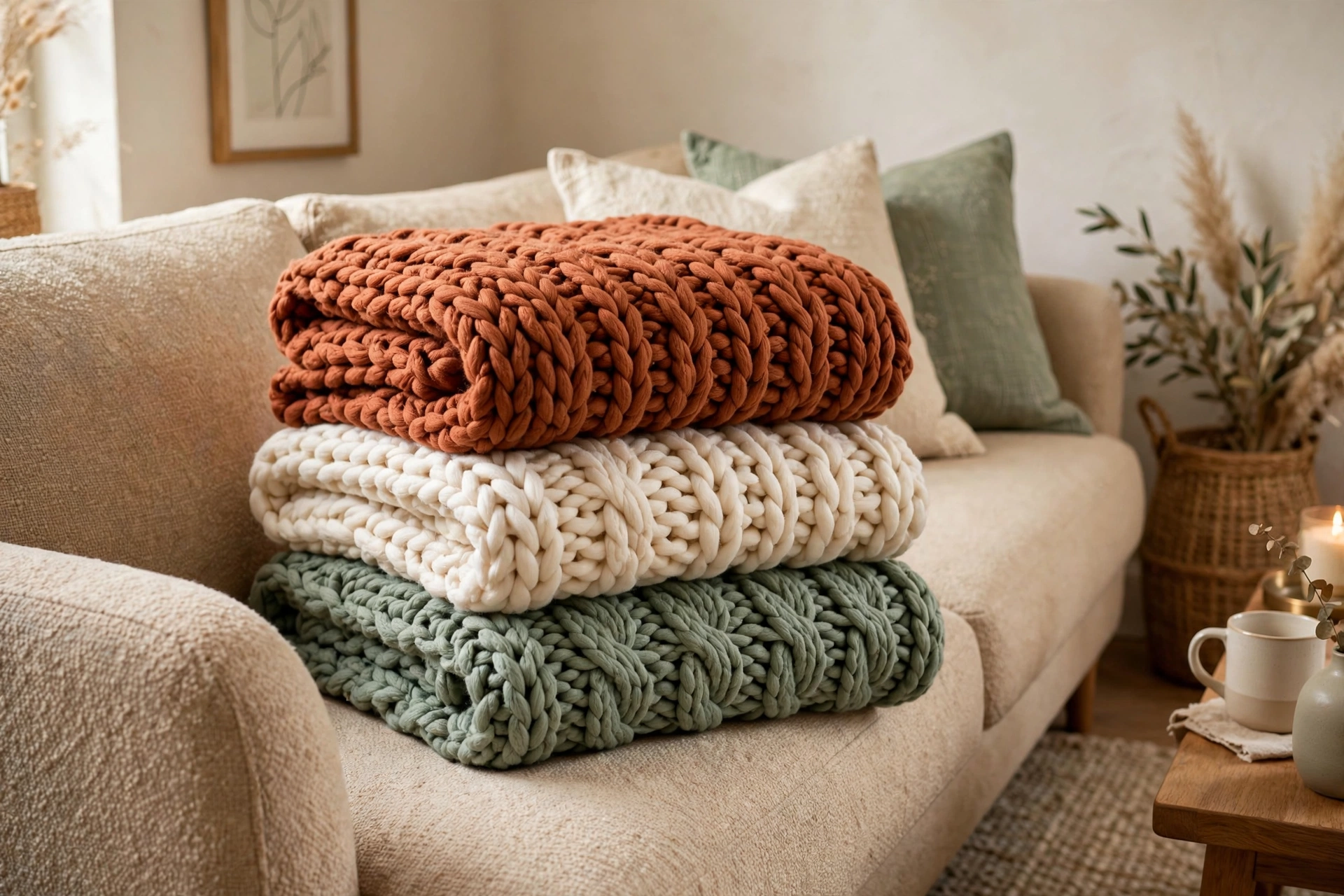 Stack of folded chunky knit blankets in cream, rust and sage green on a cozy sofa