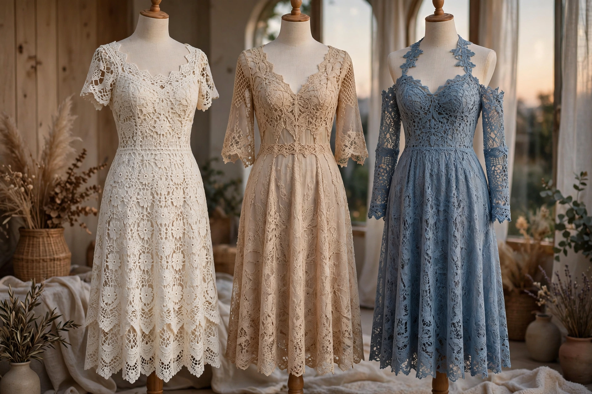 Three elegant crochet dresses in ivory, champagne and dusty blue lace displayed in soft evening light