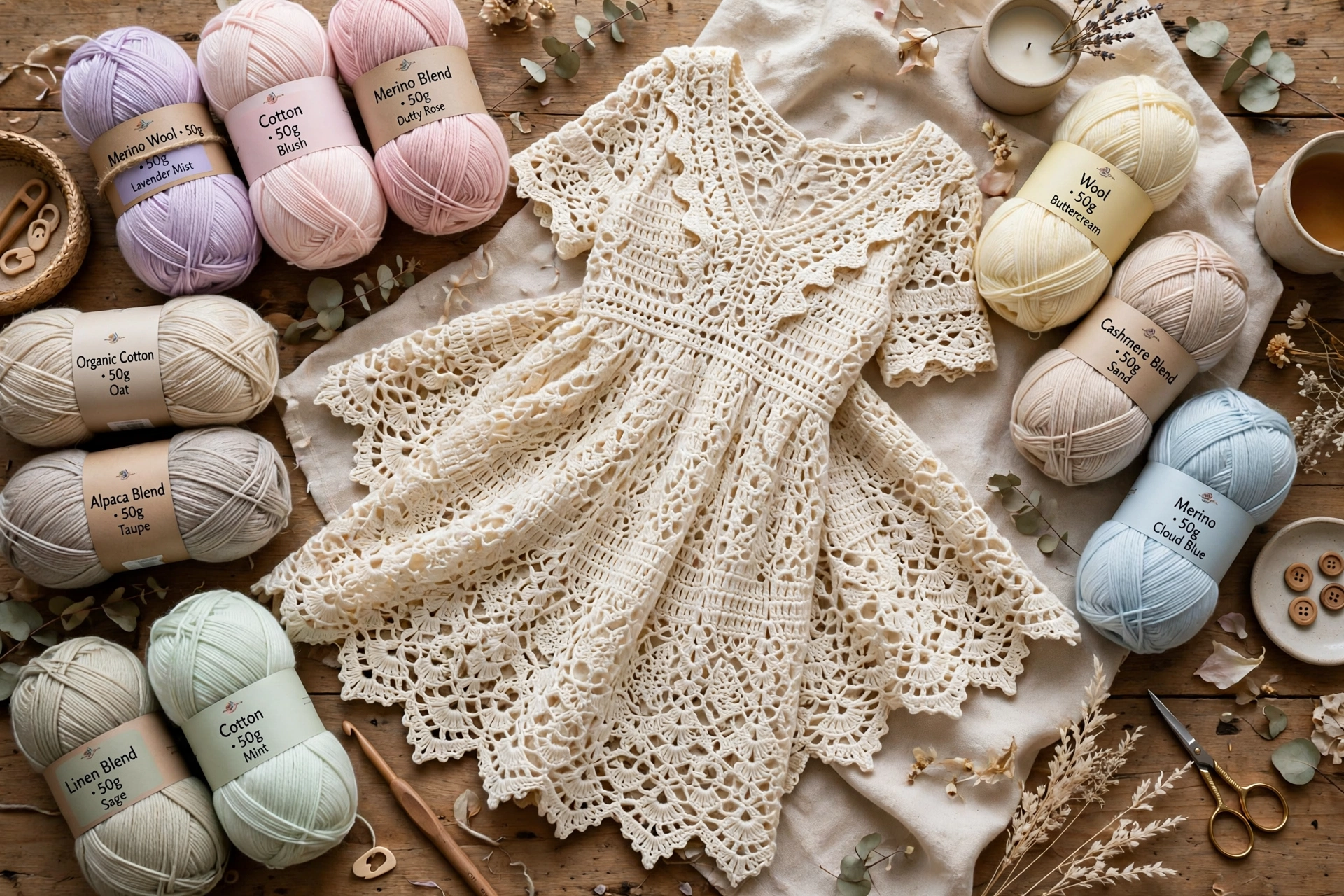 Collection of beautiful yarn skeins in pastel and neutral tones arranged with a crochet dress on a table