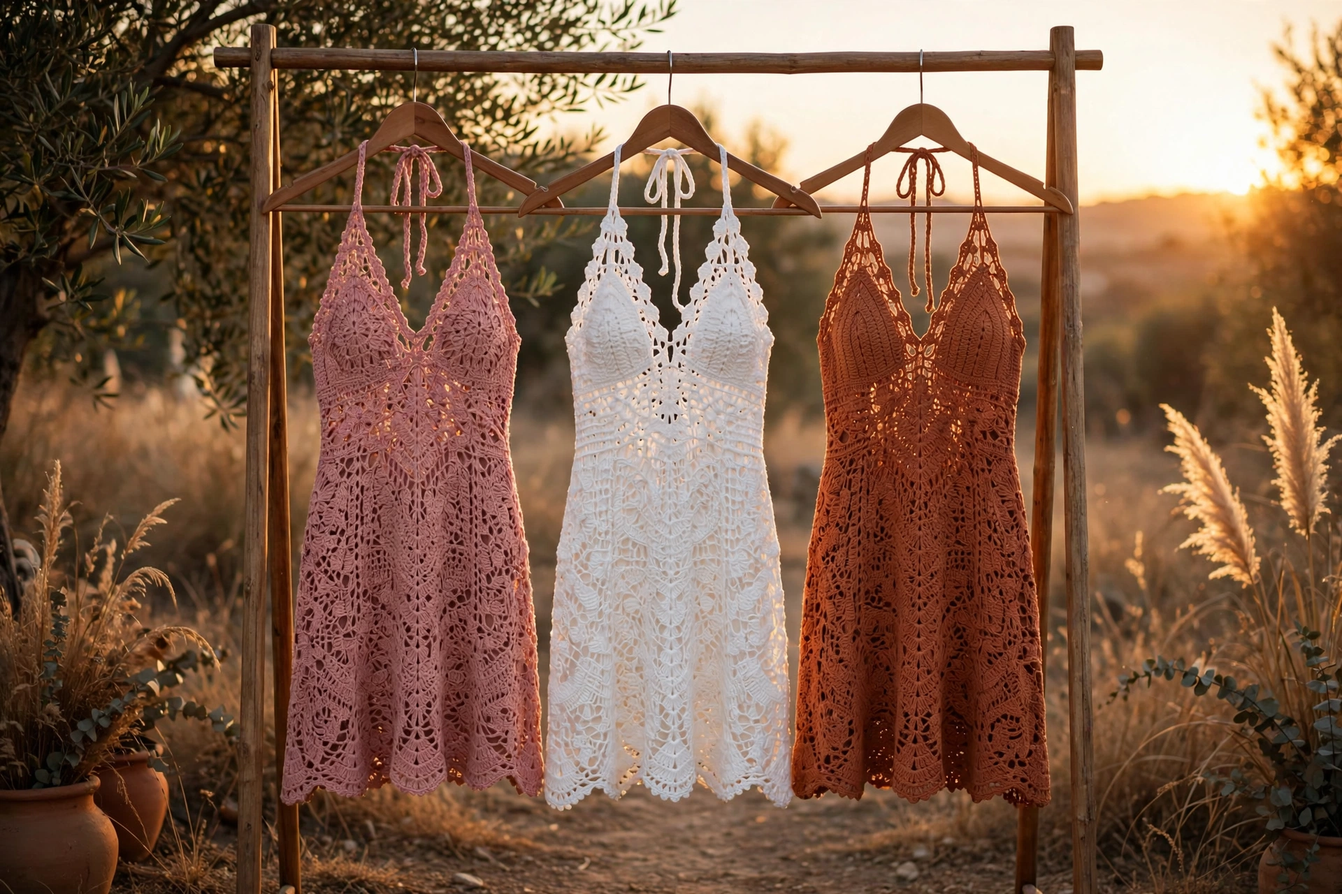 Three crochet halter dresses in dusty rose, white and terracotta displayed in warm sunset light