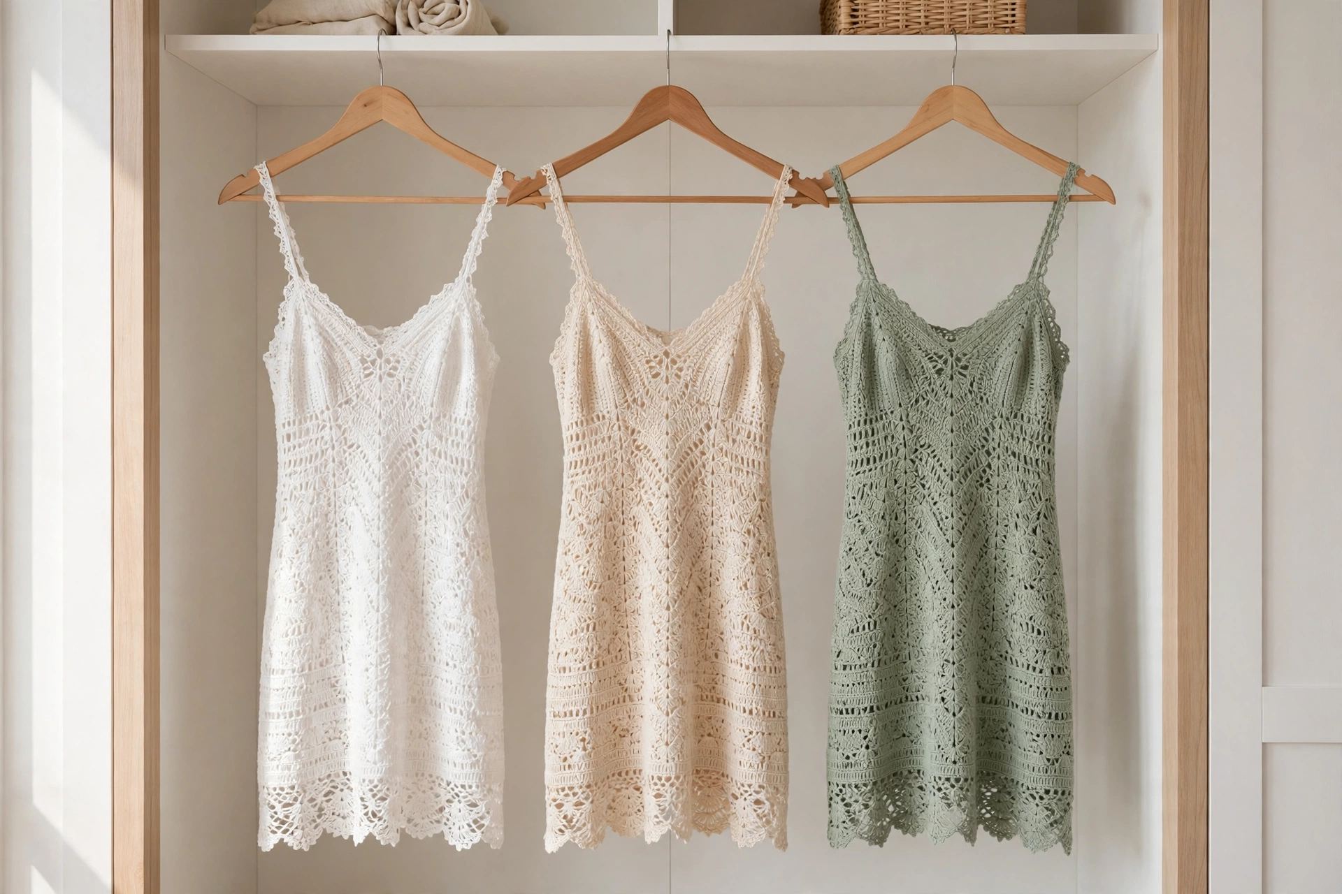 Three crochet slip dresses in white, cream and soft sage hanging in a bright minimalist wardrobe