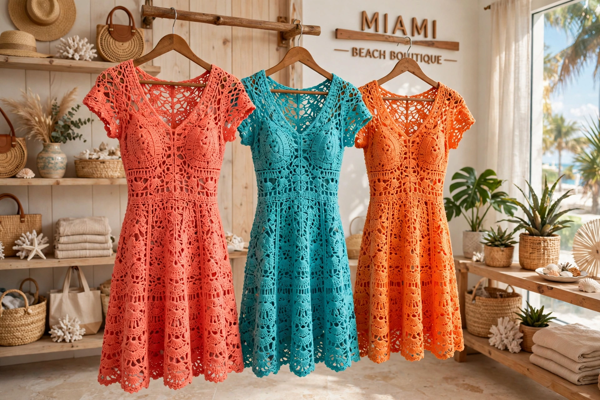 Three colourful crochet Miami dresses in coral, turquoise and sunset orange hanging in a bright beach boutique