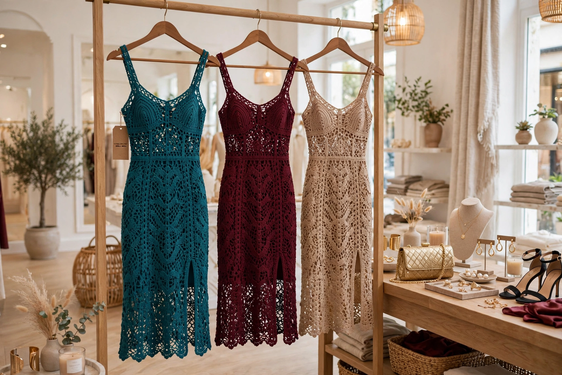 Three beautiful crochet slit dresses in teal, burgundy and sand hanging in an elegant bright boutique