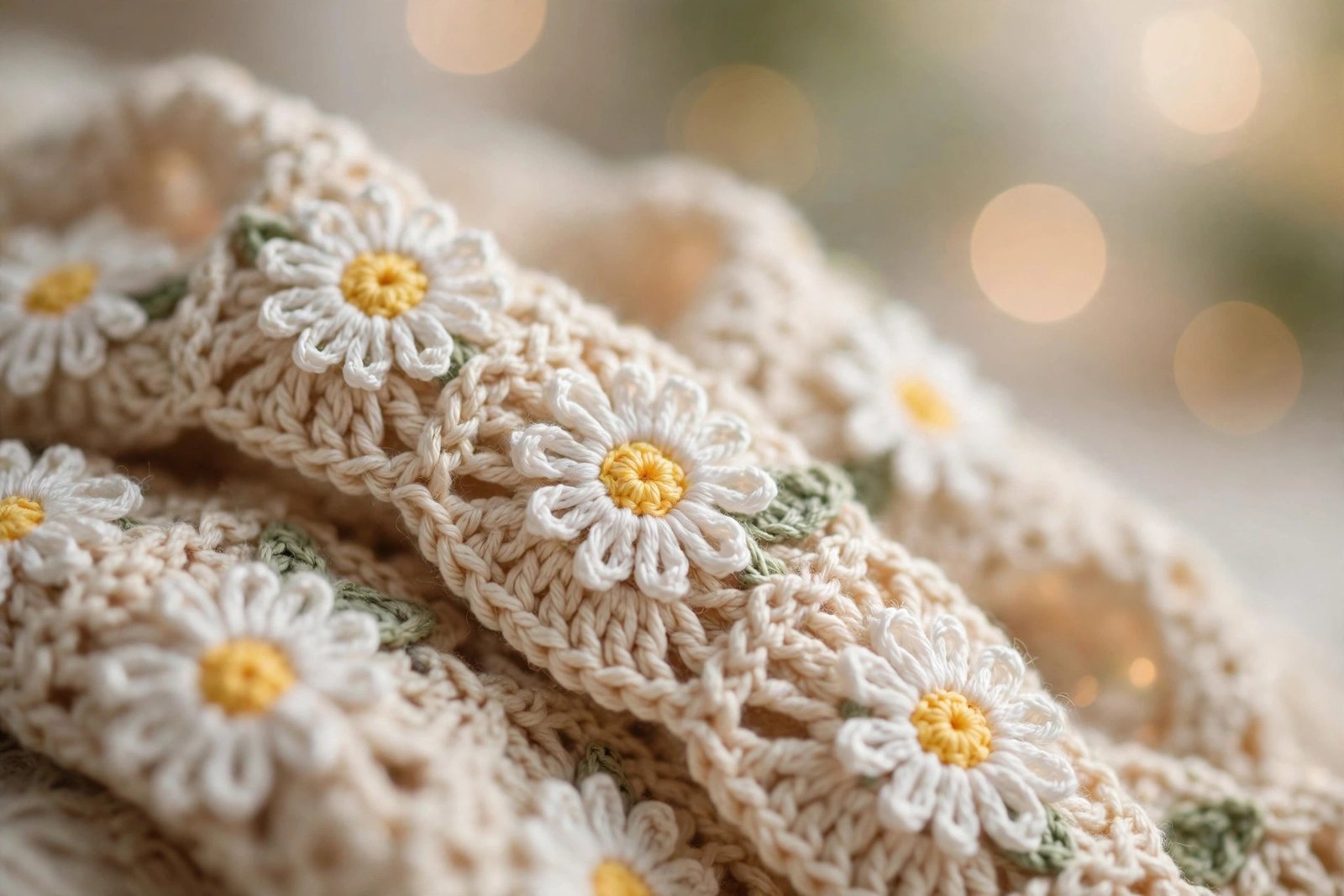 Close-up of a crochet scarf with white and yellow daisy flower appliques