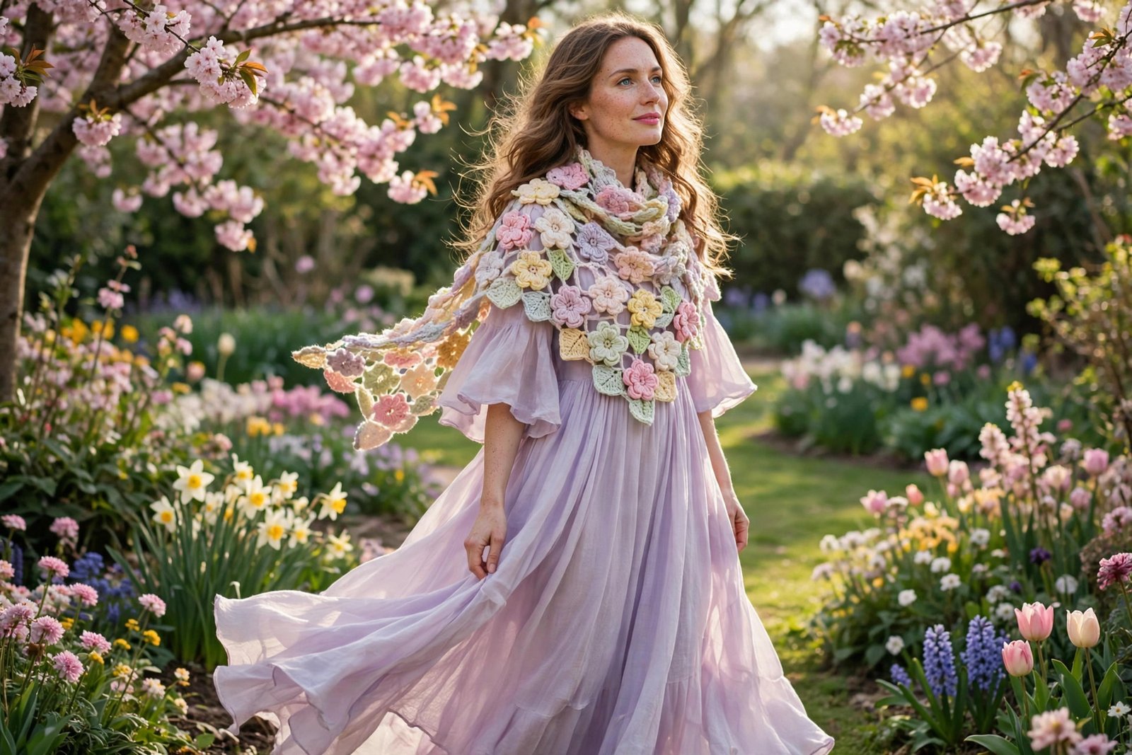 Handmade pastel crochet flower scarf worn in a blooming spring garden