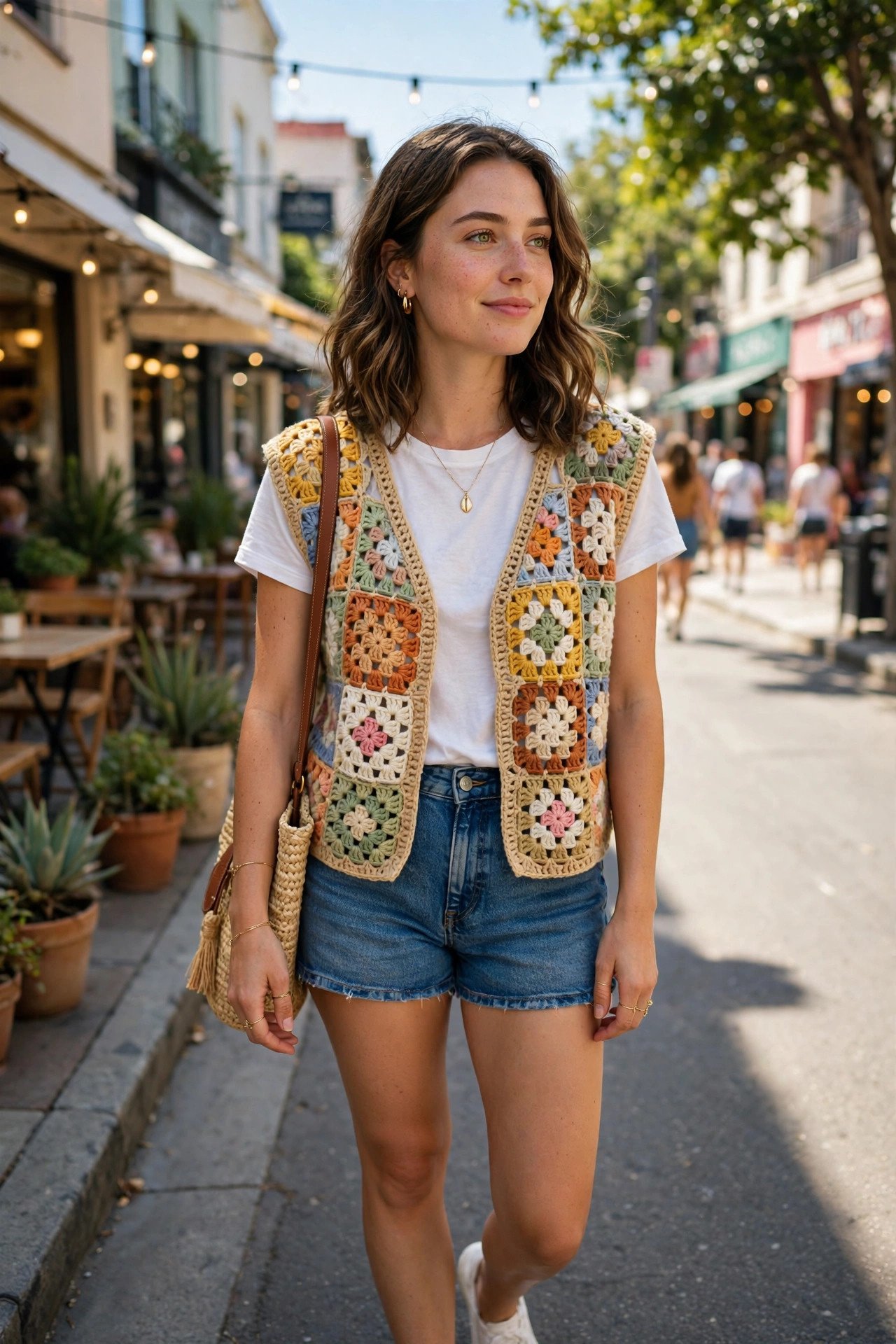 Handmade crochet granny square vest styled with a white top and denim shorts